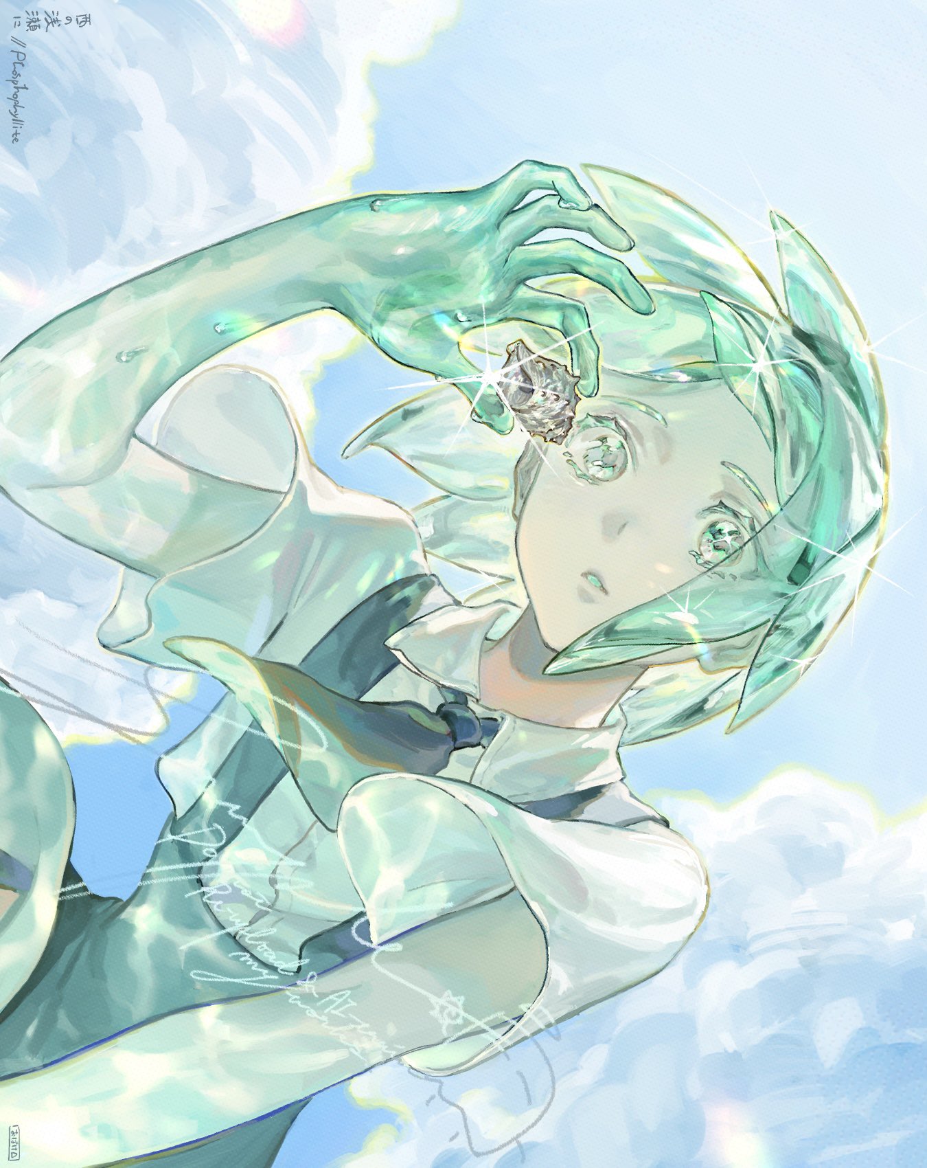 ghost to human, phosphophyllite, houseki no kuni, highres, 1other, androgynous, aqua hair, blue sky, cloud, collared shirt, colored eyelashes, crystal hair, from below, gem, holding, holding gem, necktie, other focus, parted lips, puffy sleeves, shirt, short hair, short sleeves, shorts, signature, sky, solo, sparkle, white shirt