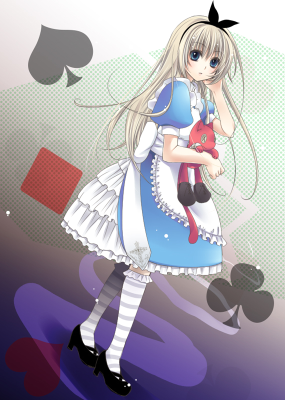yukian, alice (alice in wonderland), cheshire cat (alice in wonderland), alice's adventures in wonderland, black footwear, striped legwear, 1girl, apron, blonde hair, blue dress, card, card (medium), dress, hairband, high heels, juliet sleeves, long sleeves, puffy sleeves, shoes, socks, striped clothes, striped thighhighs, stuffed toy, thighhighs