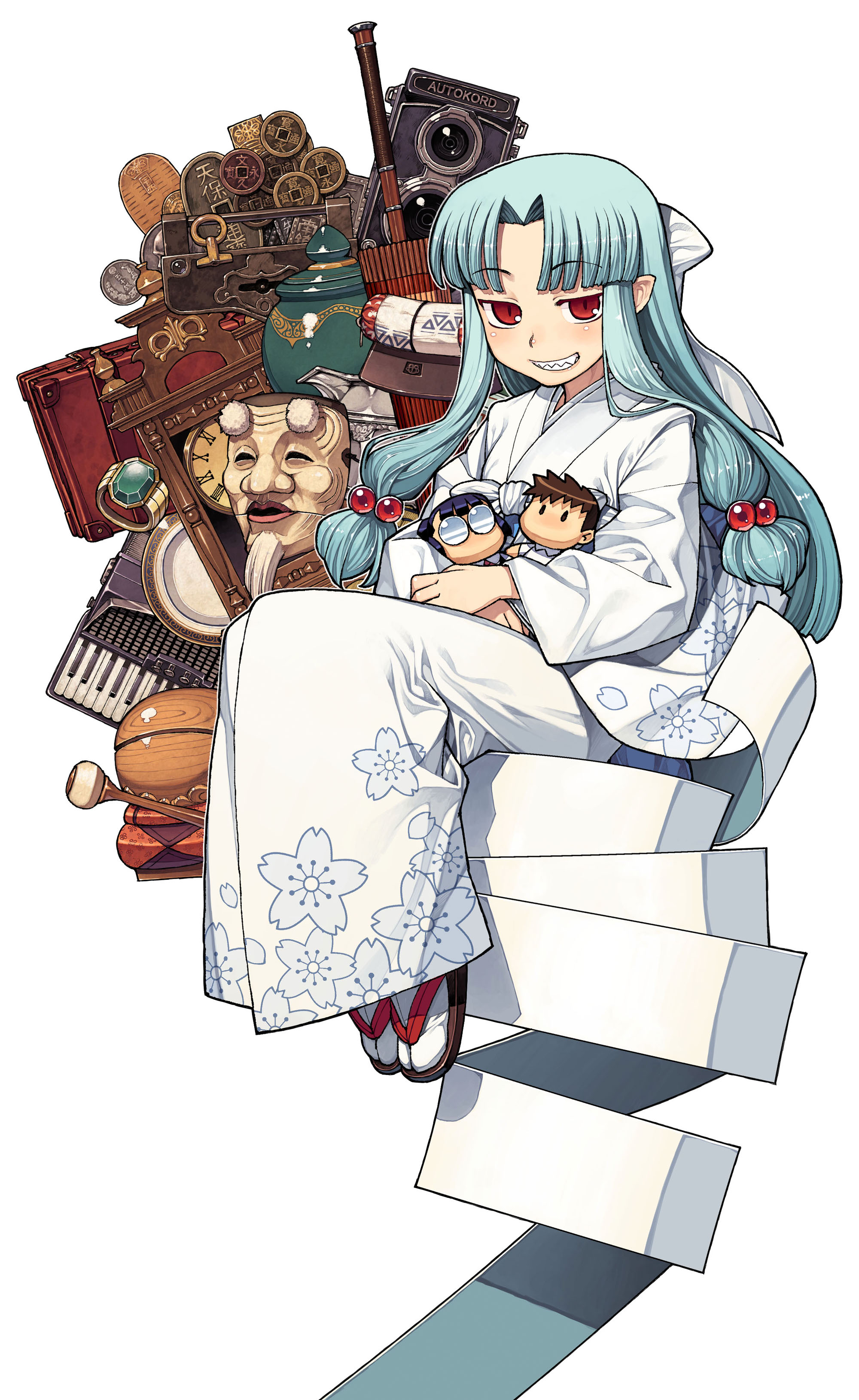 hamada yoshikazu, kiriha (tsugumomo), tsugumomo, absurdres, character request, highres, 1girl, blue hair, character doll, doll, female focus, japanese clothes, kimono, long hair, pointy ears, red eyes, simple background, socks, solo, tabi, white background