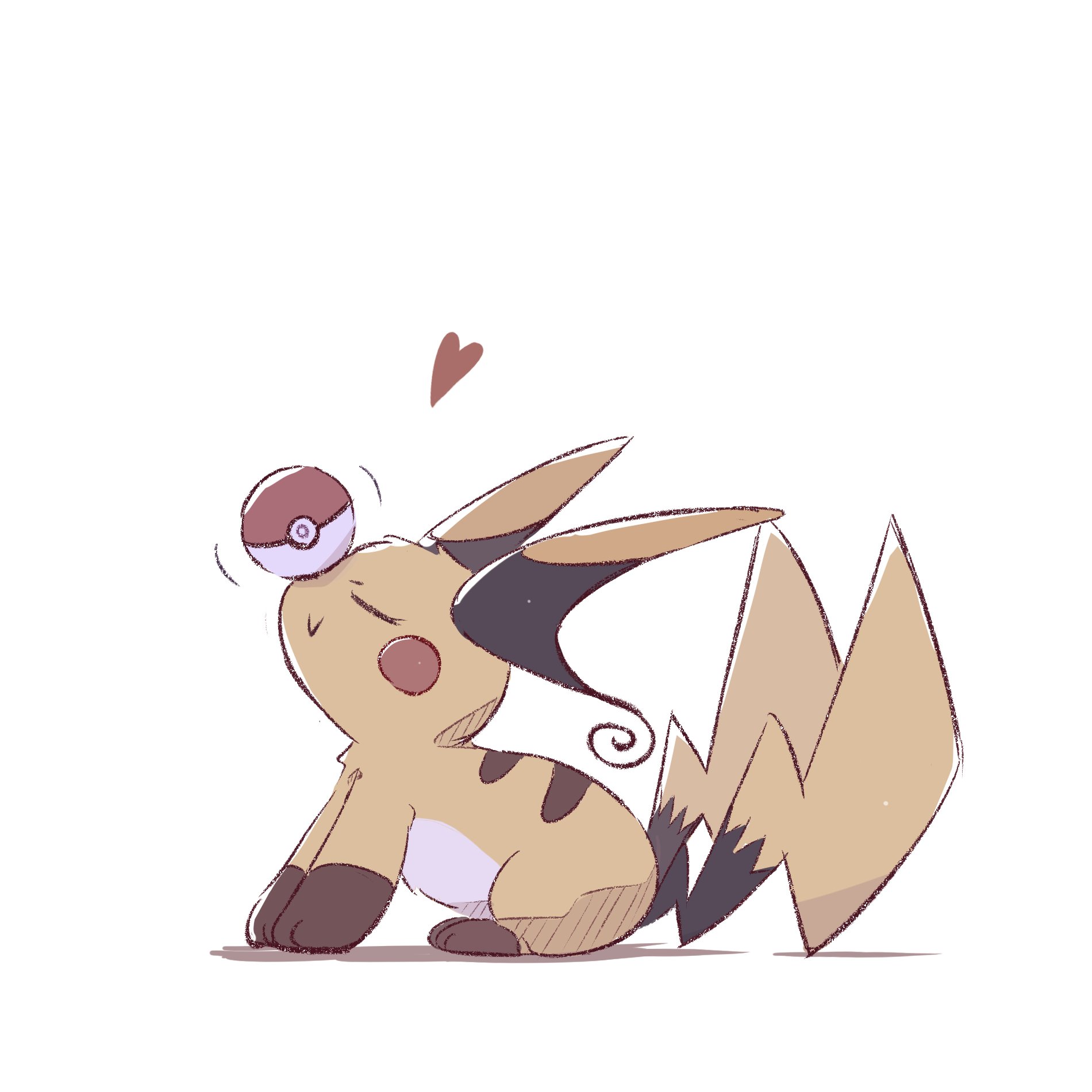 foznya, mega raichu x, raichu, nintendo, pokemon, pokemon legends: z-a, highres, closed eyes, closed mouth, full body, gen 1 pokemon, heart, mega pokemon, multiple tails, no humans, orange fur, poke ball, poke ball (basic), pokemon (creature), pokemon focus, simple background, smile, solo, tail, yellow fur