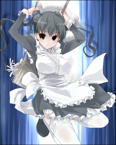 aka ume, original, 1girl, broom, duster, female focus, maid, solo, thighhighs