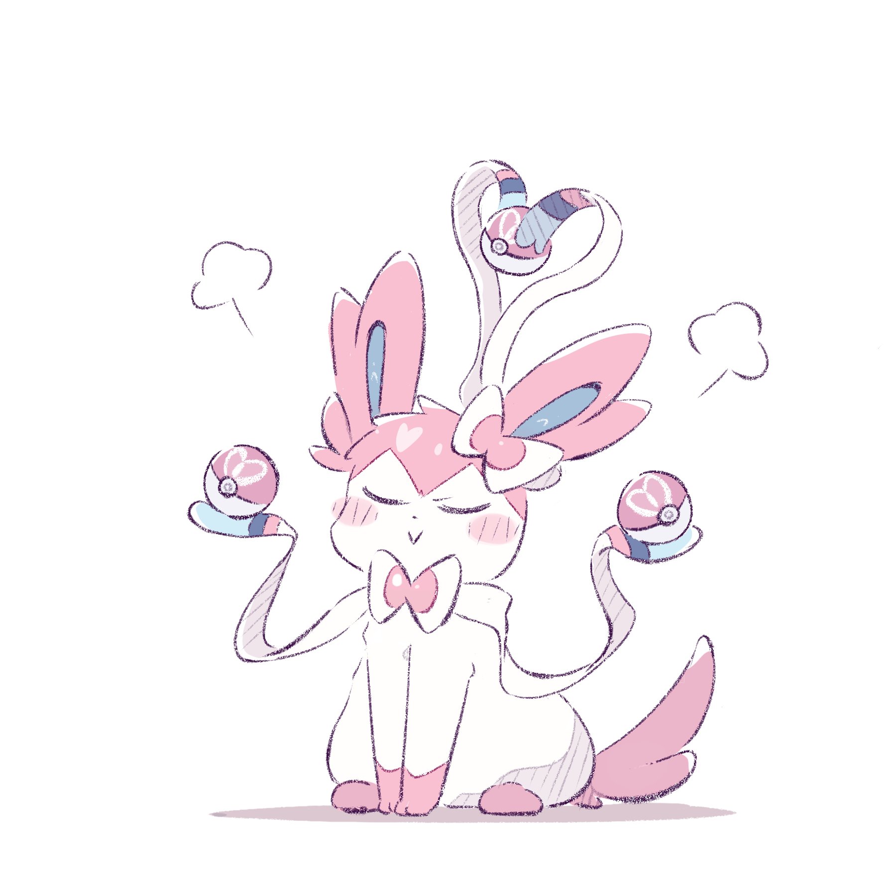 foznya, sylveon, nintendo, pokemon, highres, animal focus, blush, bow, closed eyes, closed mouth, full body, gen 6 pokemon, holding, holding poke ball, love ball, no humans, pink fur, poke ball, pokemon (creature), pokemon focus, ribbon, simple background, smile, solo, tail, two-tone fur, white background, white fur