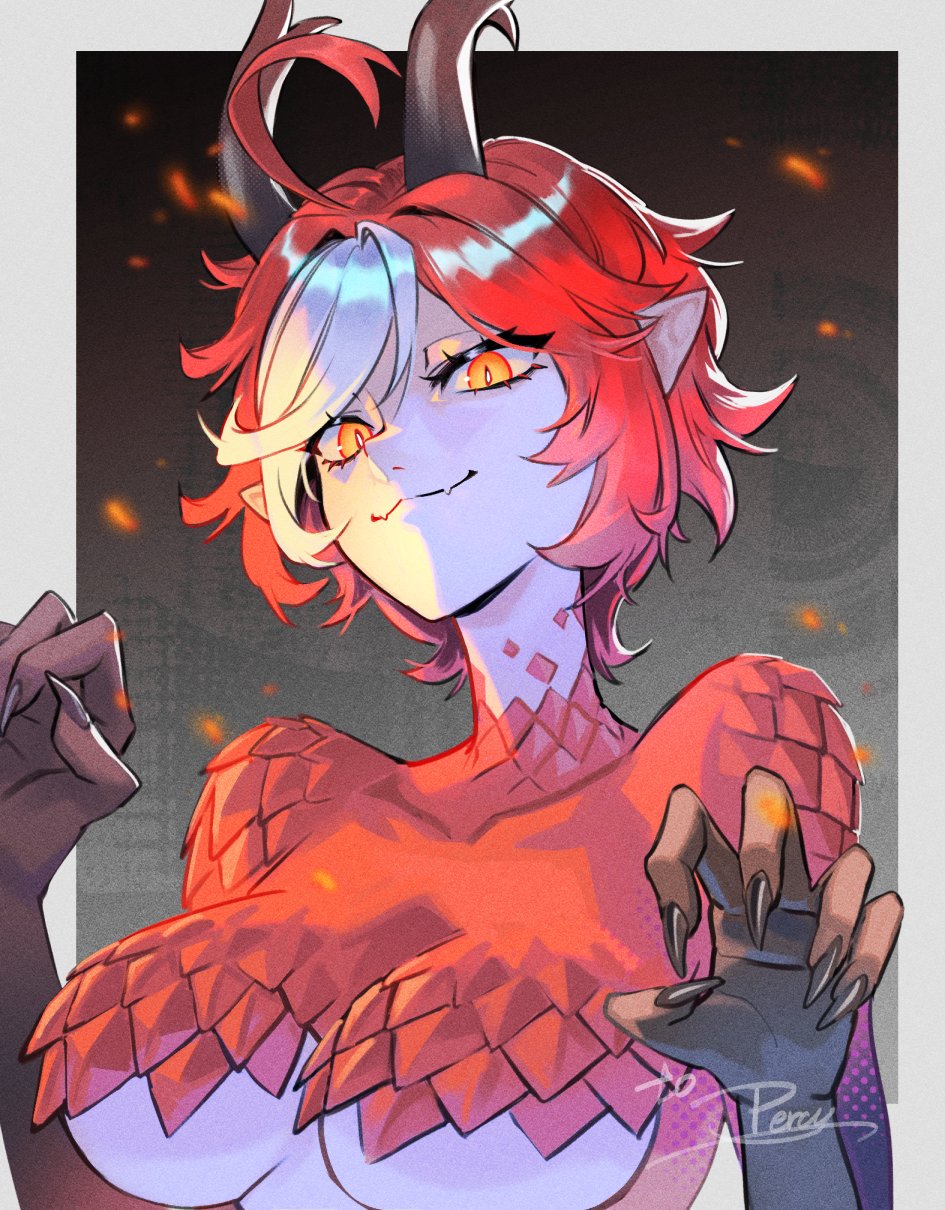 rukomata 99, original, commentary, commission, english commentary, highres, 1girl, :3, ahoge, black nails, border, breasts, closed mouth, colored extremities, double-parted bangs, fangs, grey background, hands up, horns, large breasts, looking at viewer, outside border, pointy ears, red hair, short hair, skin fangs, solo, upper body, white border, yellow eyes