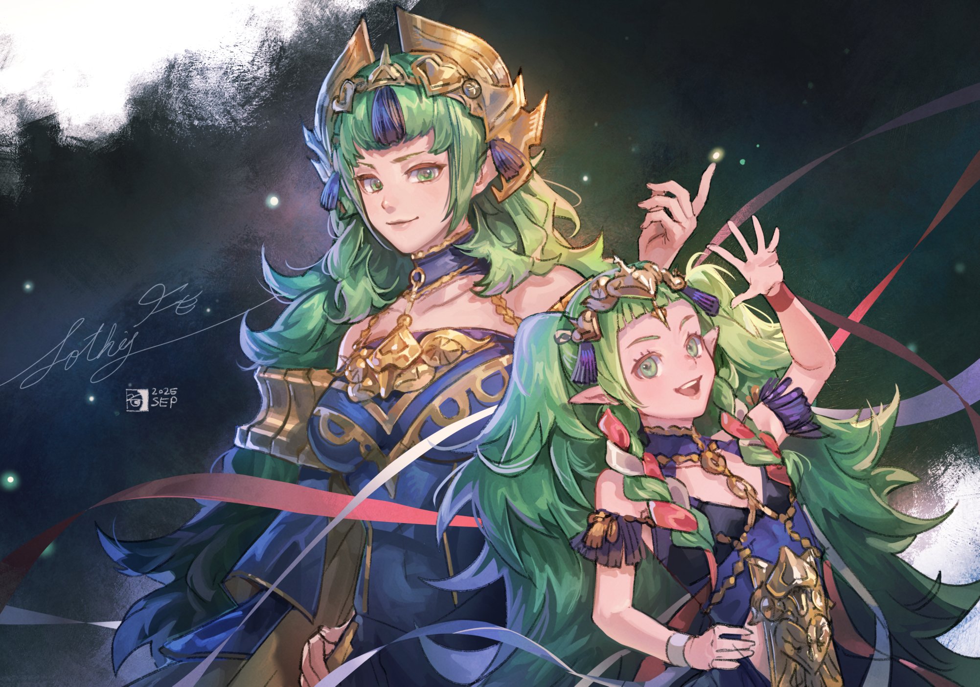 velahka, sothis (adult) (fire emblem), sothis (fire emblem), fire emblem, fire emblem: fortune's weave, fire emblem: three houses, nintendo, highres, 2girls, braid, breasts, closed mouth, dress, green eyes, green hair, hair ornament, hair ribbon, headpiece, long hair, looking at viewer, medium breasts, multiple girls, open mouth, pointy ears, purple dress, ribbon, ribbon braid, side braid, smile, tassel, tassel hair ornament, teeth, tiara, twin braids, upper body, upper teeth only