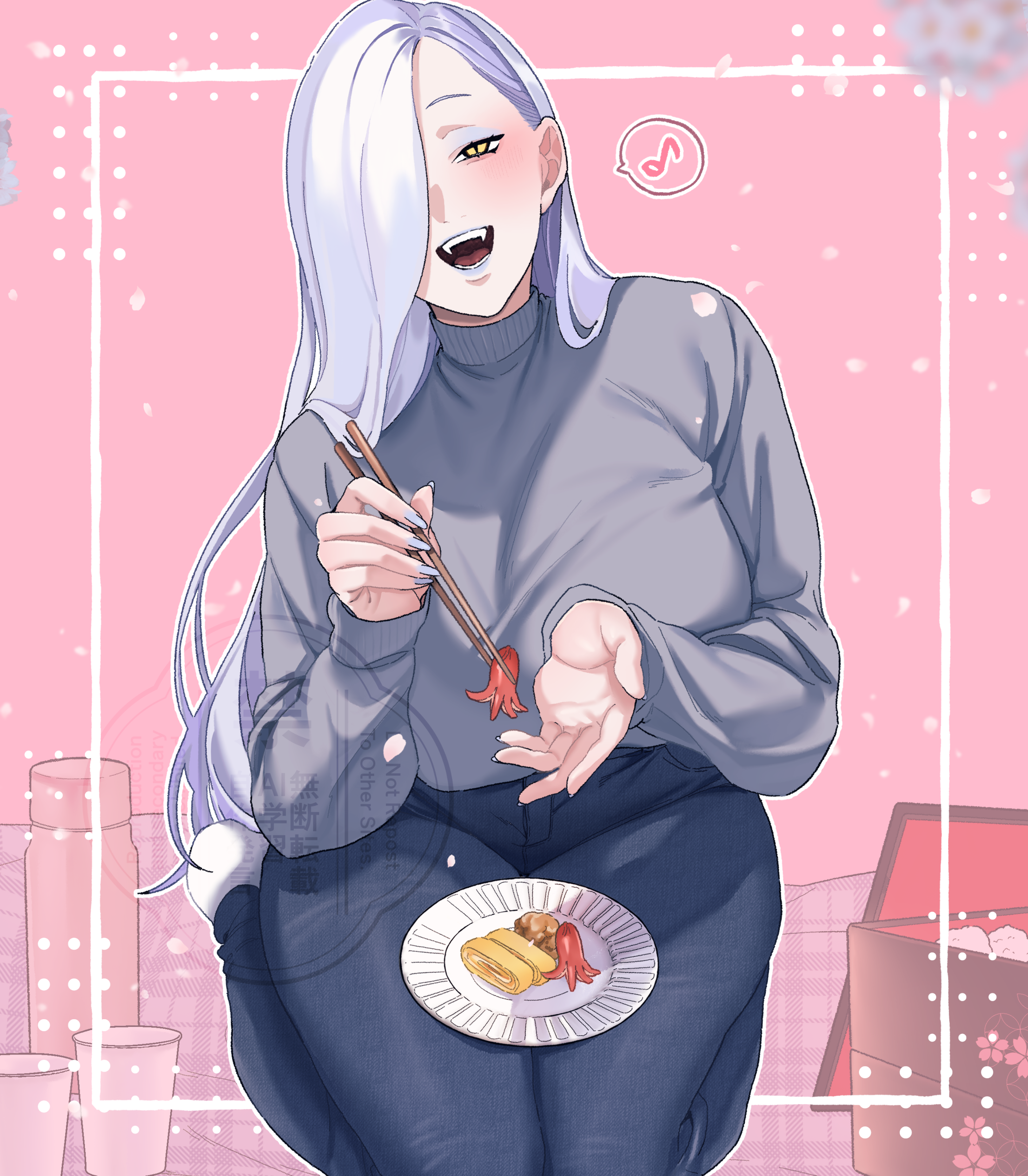 hiyayaako, mrs. snake (fate), fate/grand order, fate (series), absurdres, commentary request, highres, 1girl, blue lips, blue pants, blush, breasts, chopsticks, denim, eyeliner, food, grey sweater, hair over one eye, jeans, large breasts, long hair, long sleeves, looking at viewer, makeup, open mouth, pants, plate, smile, solo, sweater, white hair, yellow eyes