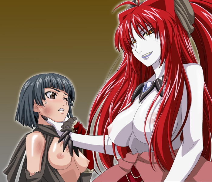 isse, original, domination, 2girls, bare shoulders, beaten, blue hair, blue skin, blush, bracelet, breasts, breasts out, brown hair, clenched teeth, colored skin, deep wound, defeat, demon girl, female focus, femdom, grin, headband, hime cut, horns, injury, japanese clothes, jewelry, large breasts, long hair, looking at another, looking at viewer, multiple girls, neck, necklace, nipples, one eye closed, oni, pale skin, red eyes, red hair, shiny skin, short hair, small breasts, smile, strangling, sweat, teeth, topless female, torn clothes, twintails, white skin, wince, yellow eyes, yuri