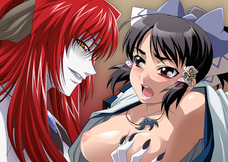 isse, original, tagme, armpits, blue skin, breasts, colored skin, femdom, grabbing another's breast, groping, horns, japanese clothes, miko, molestation, nail (hardware), nipples, oni, red hair, yuri
