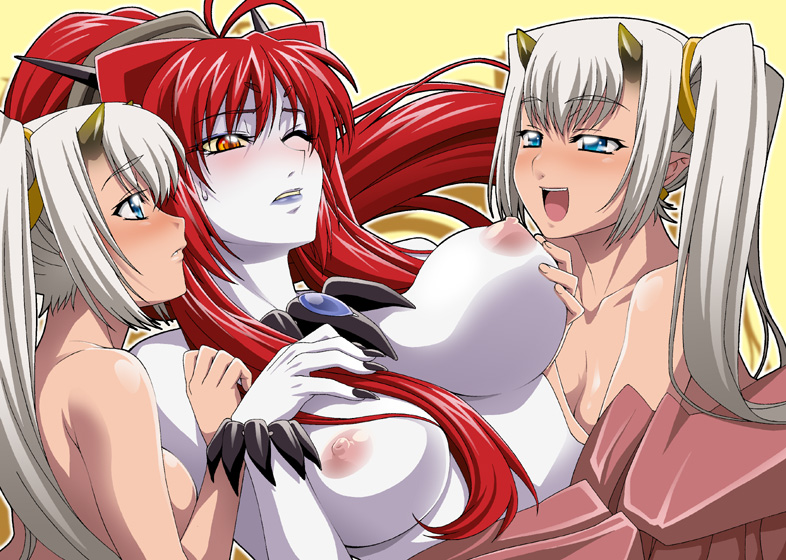 isse, original, 3girls, black nails, blue eyes, blue skin, blush, breasts, colored skin, demon girl, happy, horns, huge breasts, japanese clothes, large breasts, long hair, multiple girls, nail polish, nipples, oni, pale skin, red hair, twintails, white hair, yuri