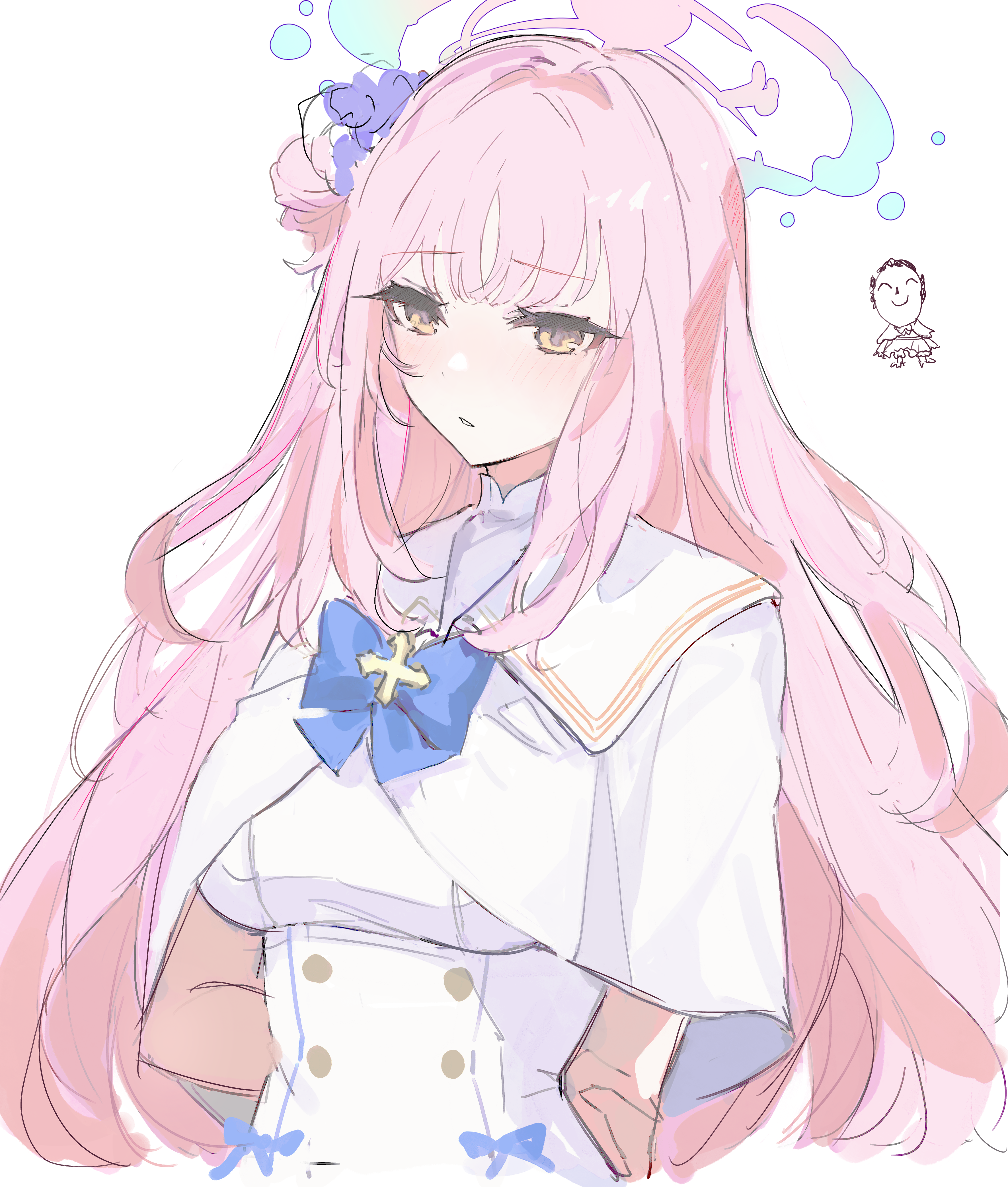 urosu (678 ner), doodle sensei (blue archive), mika (blue archive), sensei (blue archive), blue archive, absurdres, highres, 1boy, 1girl, blue bow, blue bowtie, bowtie, brown eyes, dress, halo, long hair, pink hair, school uniform, simple background, upper body, white background, white dress