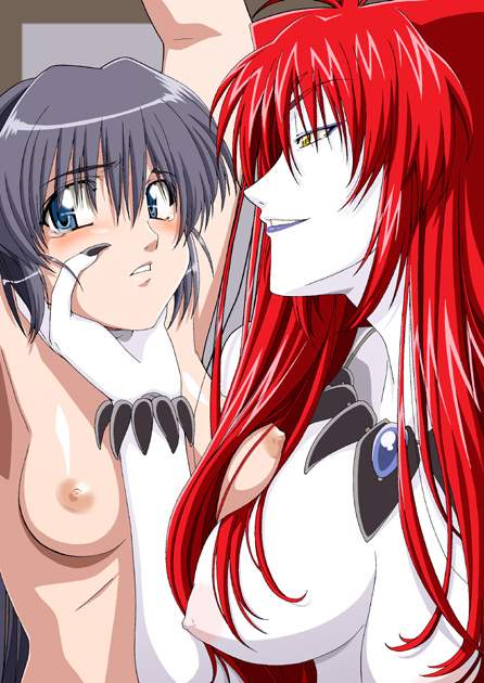 isse, original, 2girls, armpits, arms up, bdsm, blue skin, bondage, bound, breasts, colored skin, female focus, femdom, horns, japanese clothes, multiple girls, nipples, oni, red hair, upper body, yuri