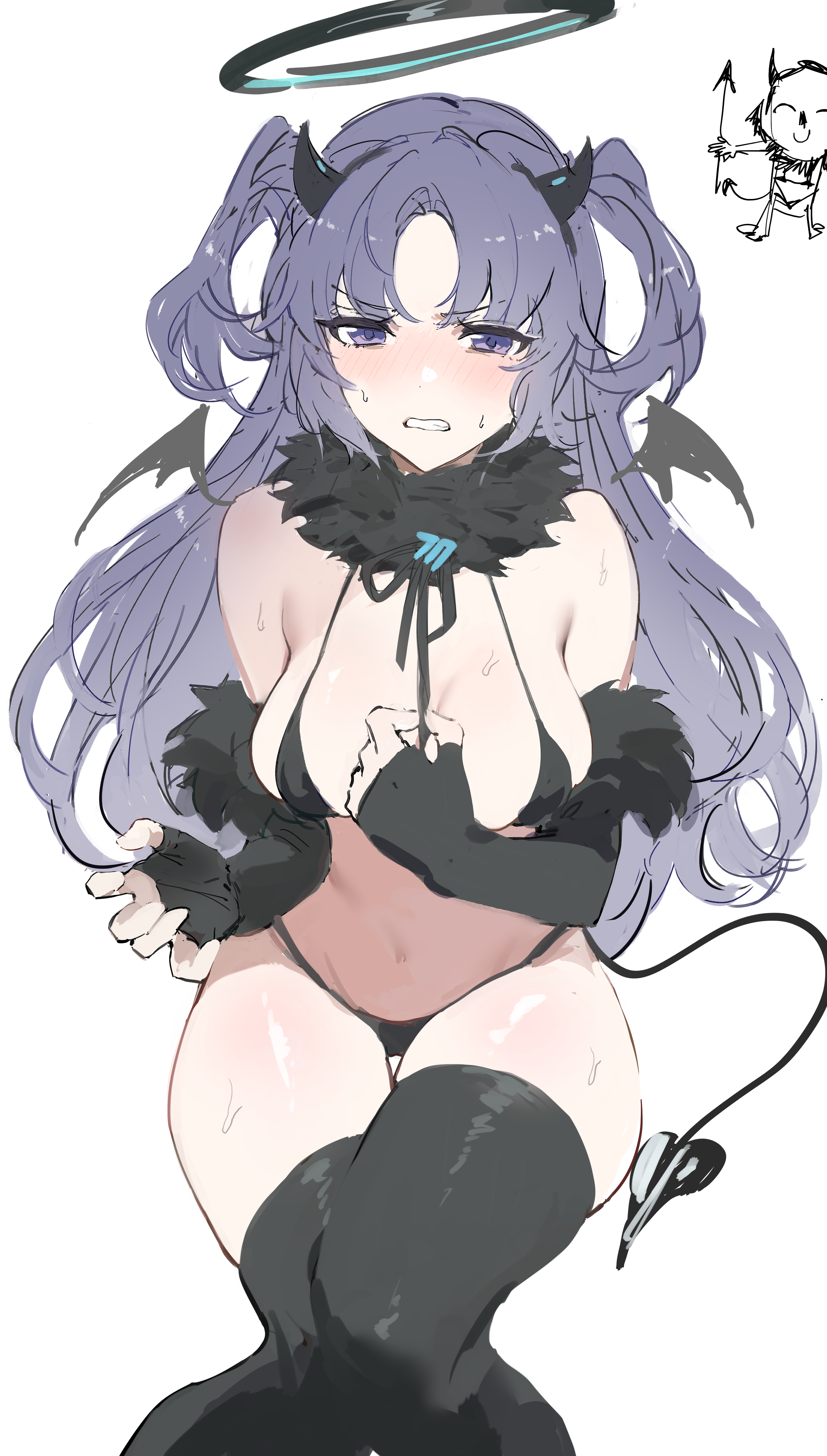 urosu (678 ner), yuuka (blue archive), blue archive, fur, absurdres, commentary, highres, 1girl, alternate costume, bat wings, black bra, black panties, black thighhighs, blush, bra, breasts, claw pose, demon horns, demon tail, detached sleeves, flustered, fur trim, grimace, halloween, halloween costume, halo, horns, long hair, looking at viewer, medium breasts, midriff, navel, open mouth, panties, purple eyes, purple hair, revealing clothes, simple background, stomach, sweat, tail, thick thighs, thighhighs, thighs, two side up, underwear, white background, wings