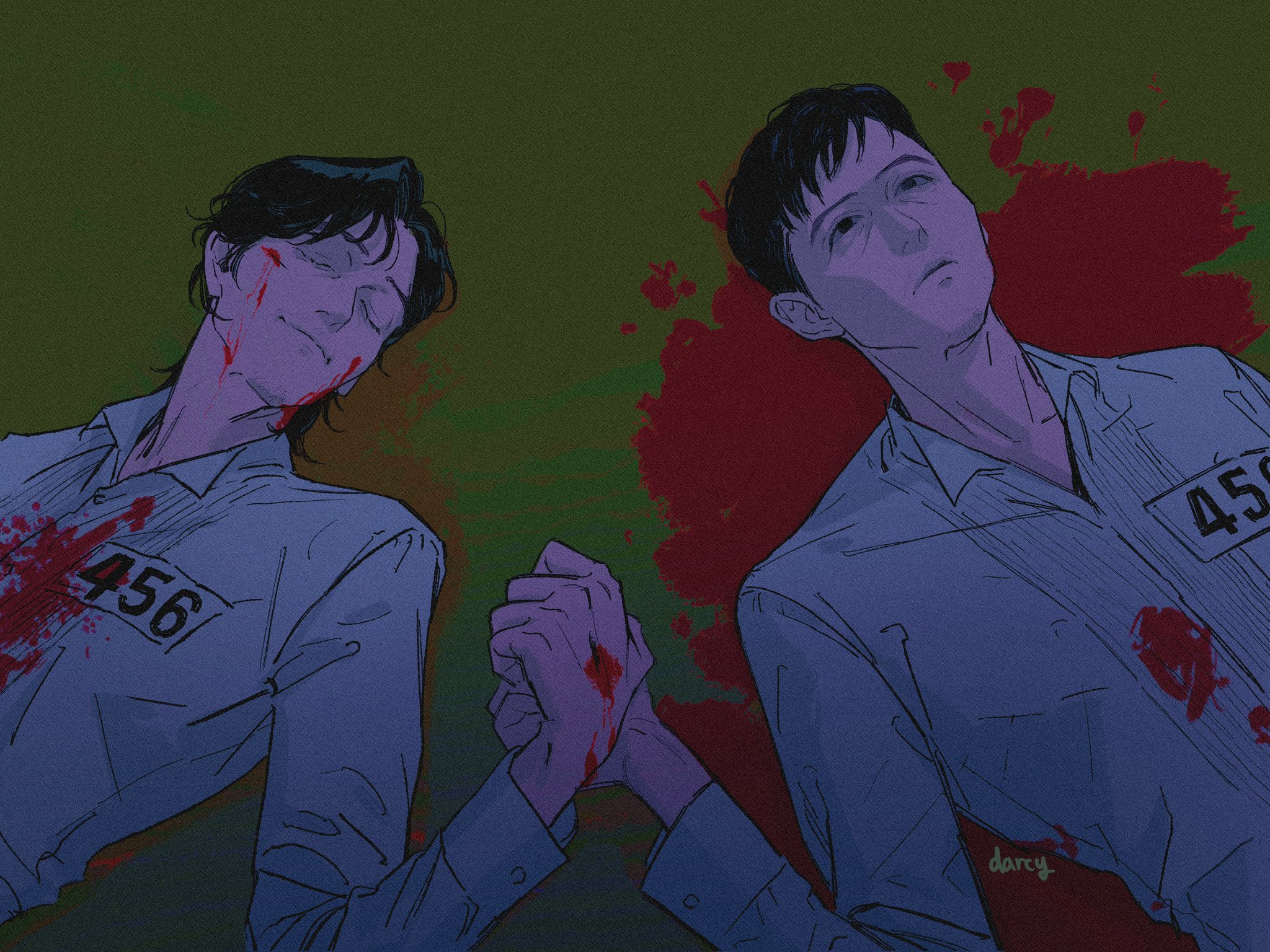 seong gi-hun, squid game, facing up, highres, 2boys, black eyes, black hair, blank stare, blood, blood on clothes, blood on face, blood on hands, blood splatter, closed eyes, clothes writing, collared shirt, dark, dual persona, head tilt, holding hands, male focus, multiple boys, on ground, pool of blood, progression, runlikehellllll, shirt, short hair, smile, white shirt