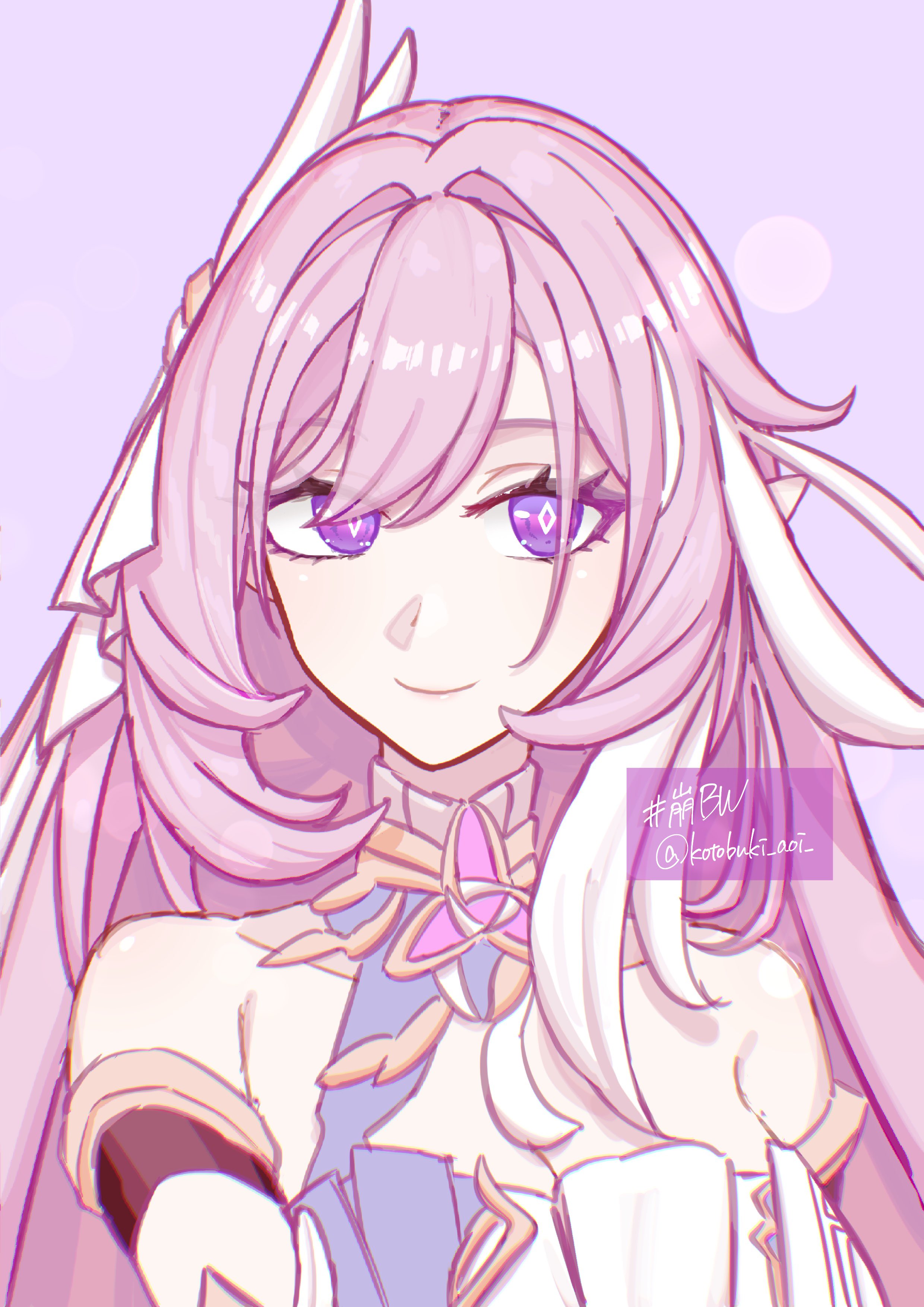 kotobuki aoi, elysia (herrscher of human: ego) (honkai impact), elysia (honkai impact), honkai (series), honkai impact 3rd, absurdres, commentary request, highres, 1girl, bare shoulders, breasts, corset, diamond-shaped pupils, diamond (shape), elf, grey background, hair ornament, large breasts, long hair, looking at viewer, pink hair, pointy ears, purple eyes, simple background, smile, solo, symbol-shaped pupils, triquetra, upper body, very long hair, white corset