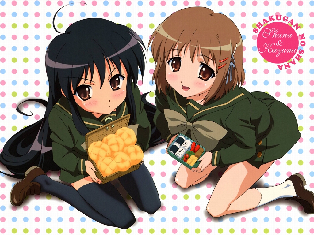 shana, yoshida kazumi, shakugan no shana, 00s, bento, black hair, bread, brown eyes, brown hair, food, food art, hair ornament, hairclip, kneeling, long hair, melon bread, school uniform, serafuku, short hair, tako-san wiener, thighhighs