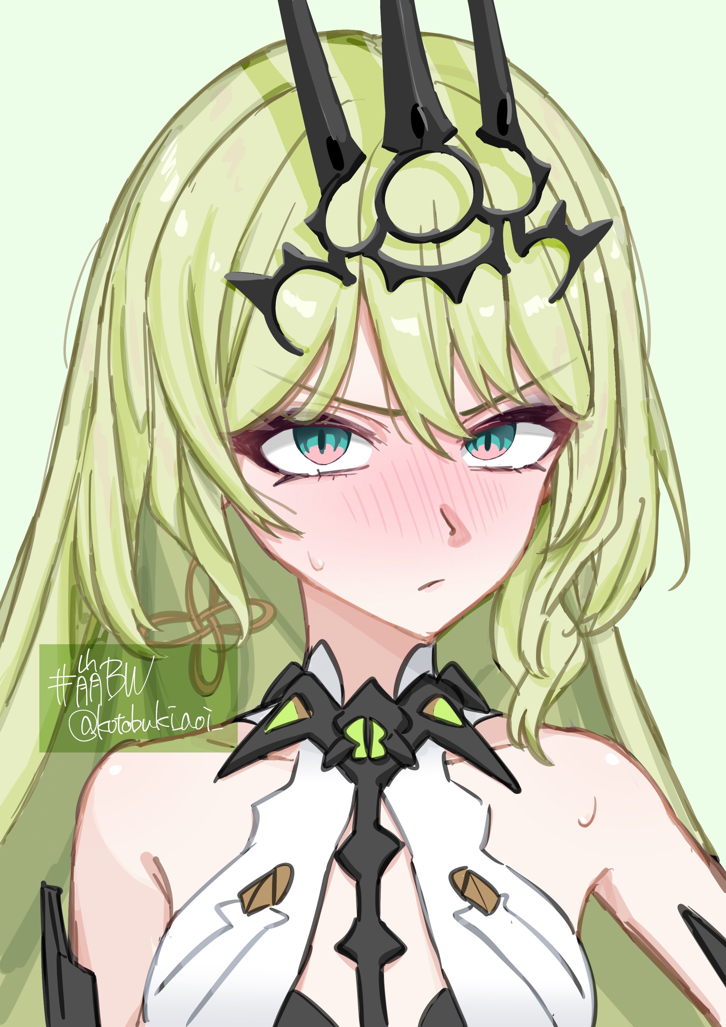 kotobuki aoi, mobius (honkai impact), honkai (series), honkai impact 3rd, absurdres, commentary request, highres, 1girl, bare shoulders, black dress, black tiara, blush, breasts, dress, green hair, grey background, long hair, looking at viewer, simple background, slit pupils, small breasts, solo, tiara, upper body, very long hair