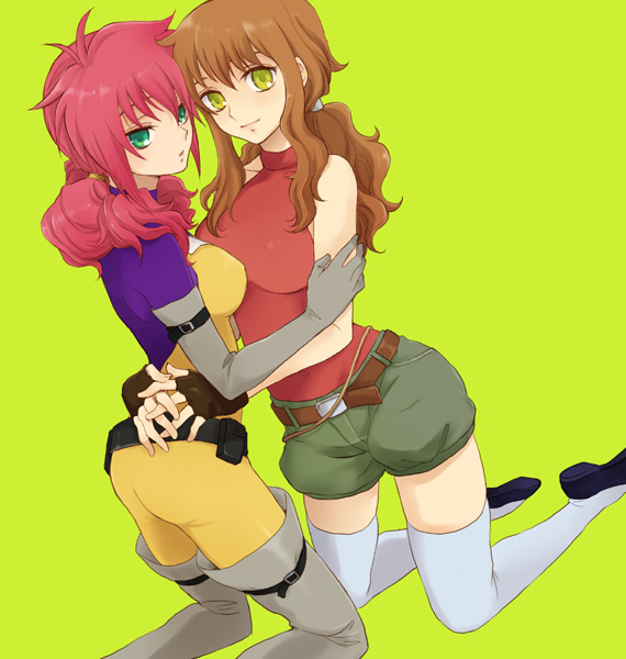 plum (arch), christina sierra, feldt grace, gundam, gundam 00, 00s, 2girls, boots, gloves, green eyes, hug, multiple girls, thigh boots, thighhighs, yellow eyes, yuri, zettai ryouiki
