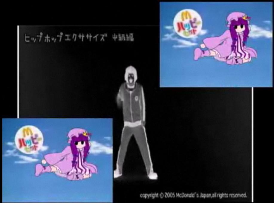 patchouli knowledge, ronald mcdonald, mcdonald's, touhou, 1boy, 1girl, cloud, kicking, monochrome, multiple views, purple hair, sky, what