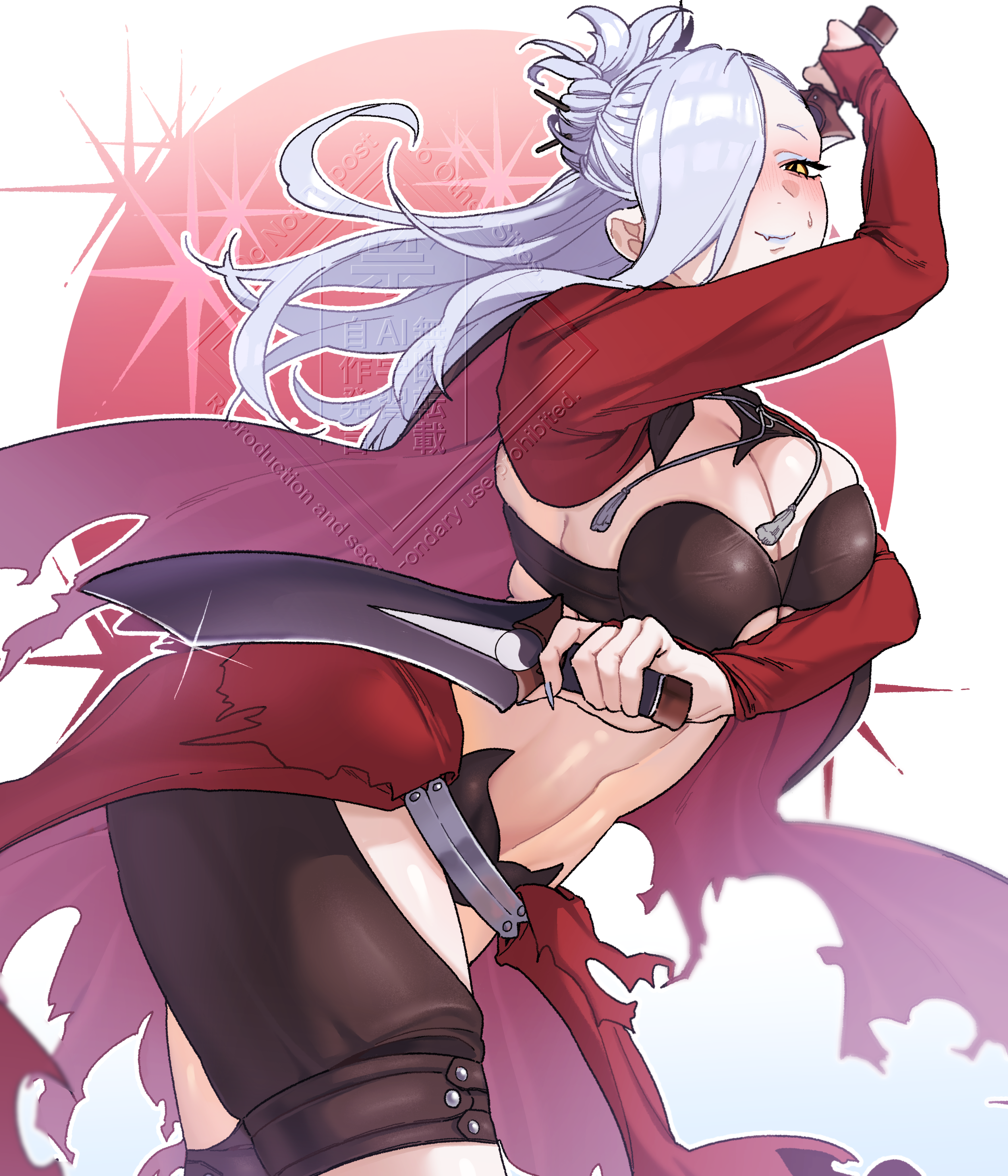 hiyayaako, chloe von einzbern, chloe von einzbern (archer install), mrs. snake (fate), fate/grand order, fate/kaleid liner prisma illya, fate (series), absurdres, highres, 1girl, blue lips, blush, breasts, bridal gauntlets, cape, chloe von einzbern (archer install) (cosplay), cleavage, cosplay, eyeliner, hair bun, hair ornament, hair over one eye, hairpin, half updo, kanshou & bakuya (fate), large breasts, long hair, long sleeves, looking at viewer, makeup, navel, red cape, red shrug, showgirl skirt, smile, solo, sword, thighs, weapon, white hair, yellow eyes