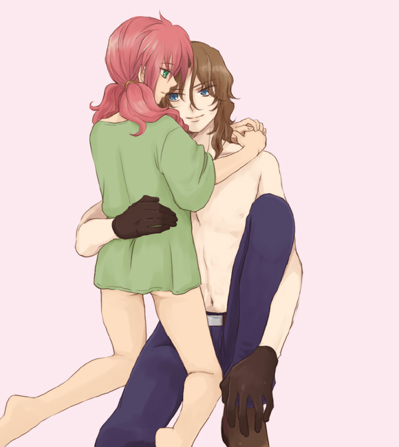 plum (arch), feldt grace, lockon stratos, gundam, gundam 00, 00s, barefoot, gloves, hug, pink hair