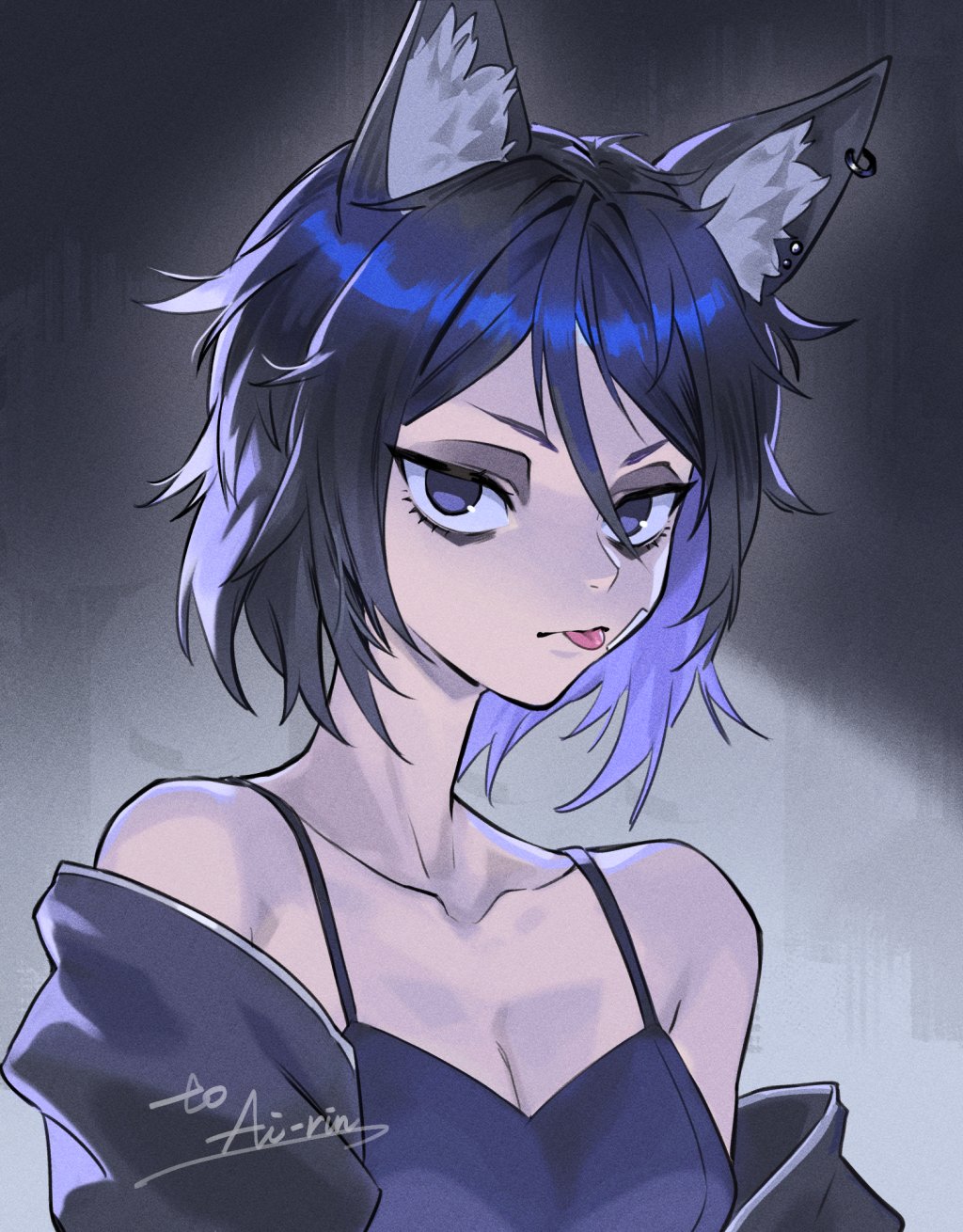 rukomata 99, original, commentary, commission, hashtag-only commentary, highres, 1girl, animal ear fluff, animal ear piercing, animal ears, bare shoulders, blue dress, blue eyes, blue hair, breasts, cat ears, cat girl, cleavage, closed mouth, collarbone, double-parted bangs, dress, grey background, hair between eyes, looking at viewer, short hair, small breasts, solo, tongue, tongue out, upper body