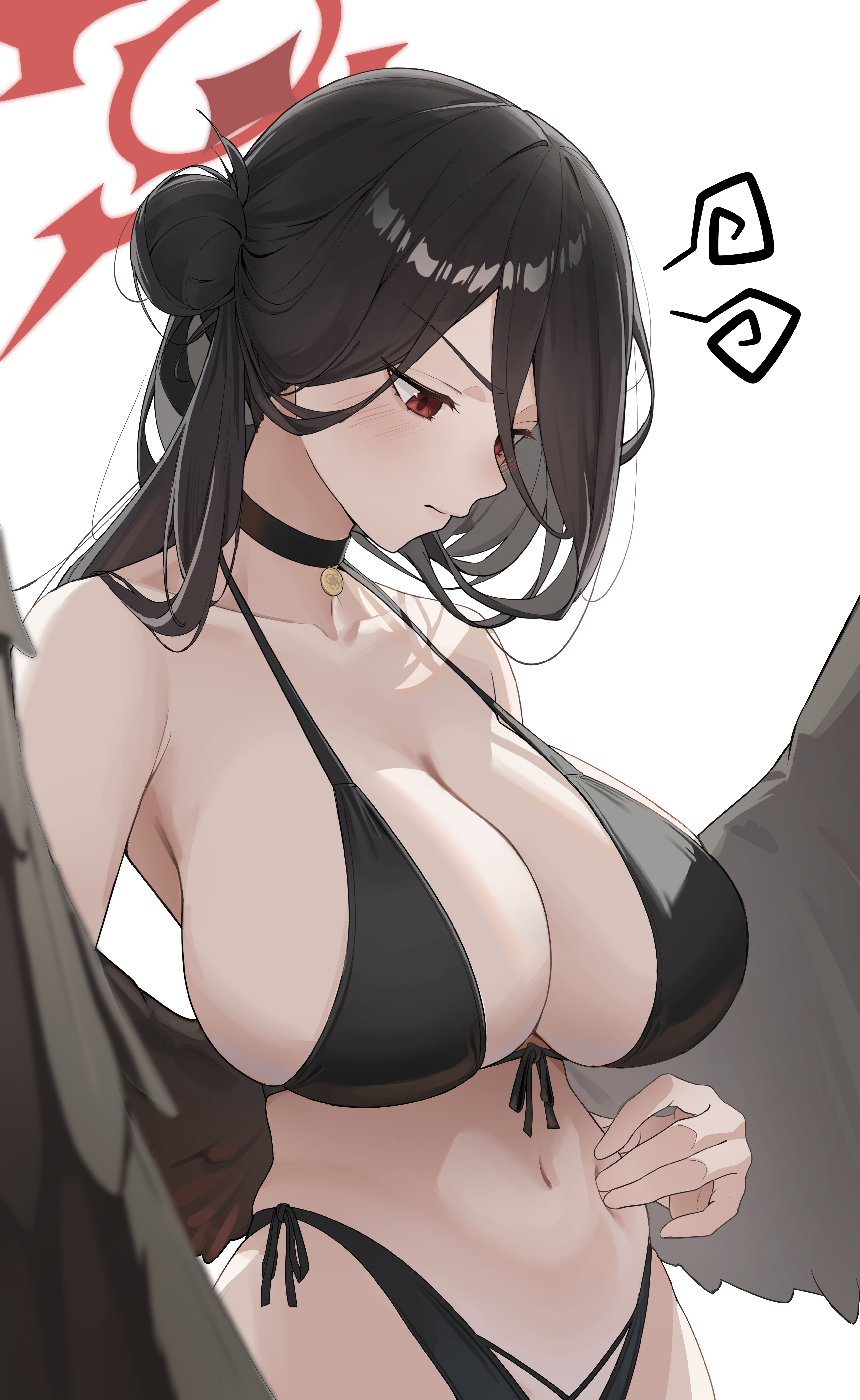 samgong, hasumi (blue archive), hasumi (swimsuit) (blue archive), blue archive, absurdres, commentary, highres, 1girl, bikini, black bikini, black choker, black hair, black wings, breasts, choker, collarbone, feathered wings, front-tie bikini top, front-tie top, hair bun, halo, halterneck, highleg, highleg bikini, huge breasts, long hair, looking down, navel, official alternate costume, red eyes, side-tie bikini bottom, simple background, single side bun, skindentation, solo, squiggle, stomach, string bikini, swimsuit, weight conscious, white background, wings
