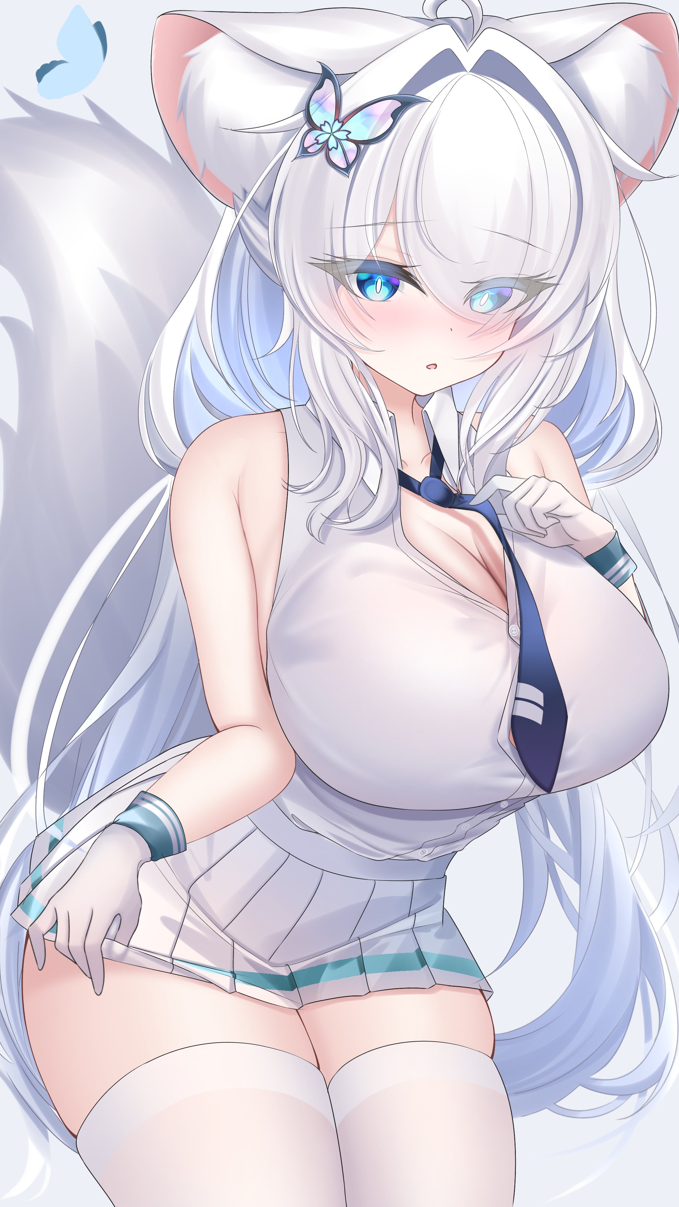 kokuyou oath, original, absurdres, highres, 1girl, animal ear fluff, animal ears, bare shoulders, blue eyes, blue necktie, blush, breasts, bug, butterfly, butterfly hair ornament, cleavage, gloves, hair between eyes, hair intakes, hair ornament, hair over one eye, insect, large breasts, long hair, looking at viewer, necktie, parted lips, shirt, skirt, sleeveless, sleeveless shirt, solo, tail, thighhighs, white gloves, white hair, white shirt, white skirt, white thighhighs