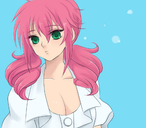 plum (arch), feldt grace, gundam, gundam 00, lowres, 00s, 1girl, blouse, breasts, cleavage, female focus, green eyes, large breasts, pink hair, shirt, solo
