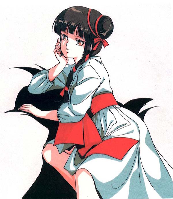 miyu (vampire princess miyu), vampire princess miyu, 1girl, blunt bangs, brown hair, female focus, hair bun, hair ribbon, head rest, hime cut, japanese clothes, long hair, looking at viewer, lying, on side, ribbon, single hair bun, single side bun, solo, yellow eyes