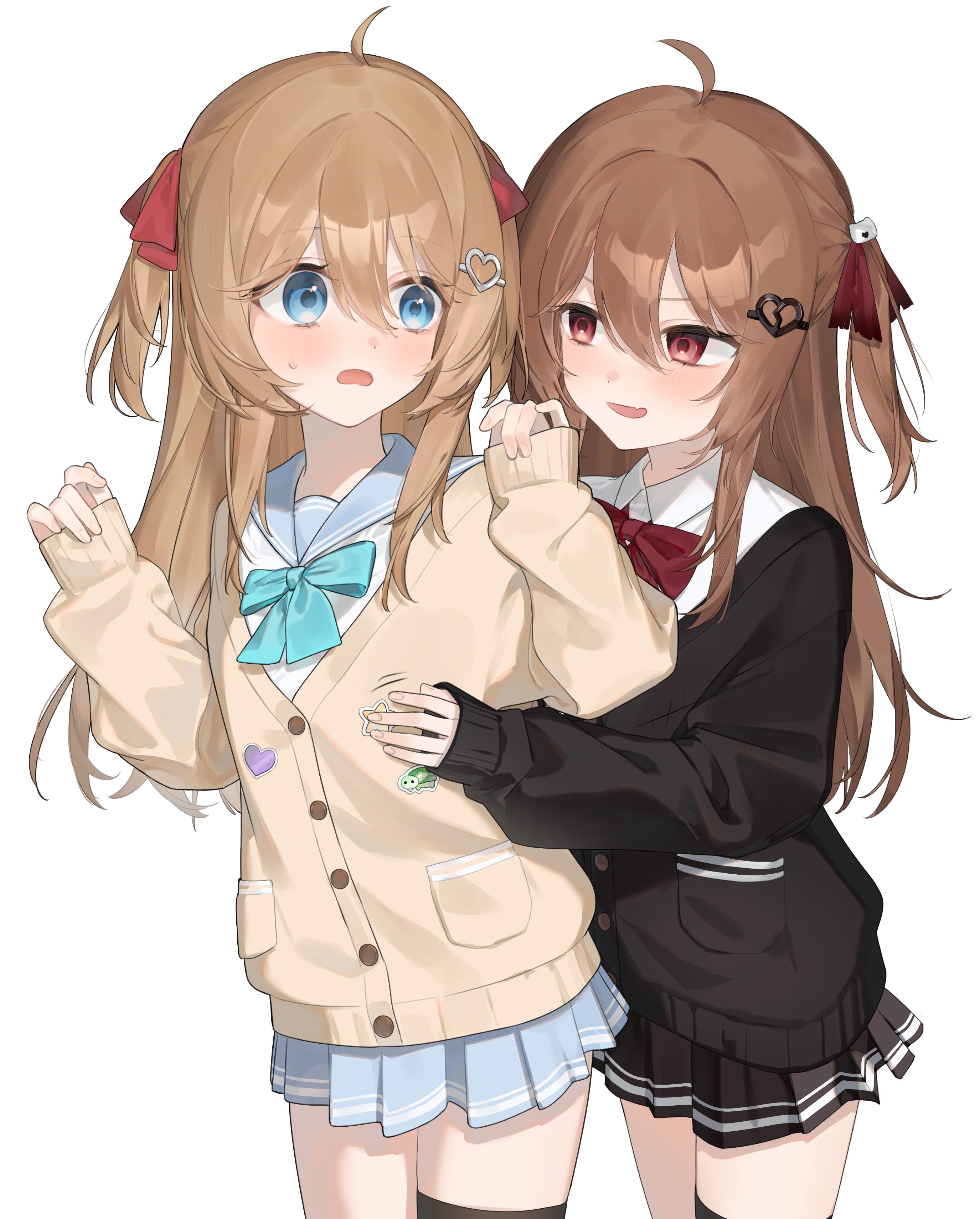 hidzuchi 18, evil neuro-sama, neuro-sama, absurdres, highres, 2girls, ahoge, aqua bow, aqua bowtie, black cardigan, black skirt, black thighhighs, blue eyes, blue sailor collar, blue skirt, bow, bowtie, broken heart, broken heart hair ornament, brown hair, cardigan, cowboy shot, dress shirt, from side, hair between eyes, hair ornament, hair ribbon, heart, heart hair ornament, long hair, long sleeves, multiple girls, open mouth, red bow, red bowtie, red eyes, red ribbon, ribbon, sailor collar, shirt, siblings, single thighhigh, sisters, skirt, skull hair ornament, sleeves past wrists, thighhighs, twins, two side up, vedal ai, virtual youtuber, white shirt, yellow cardigan