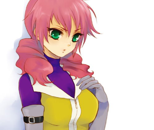 plum (arch), feldt grace, gundam, gundam 00, lowres, 00s, 1girl, blush, breasts, female focus, gloves, green eyes, large breasts, pink hair, solo
