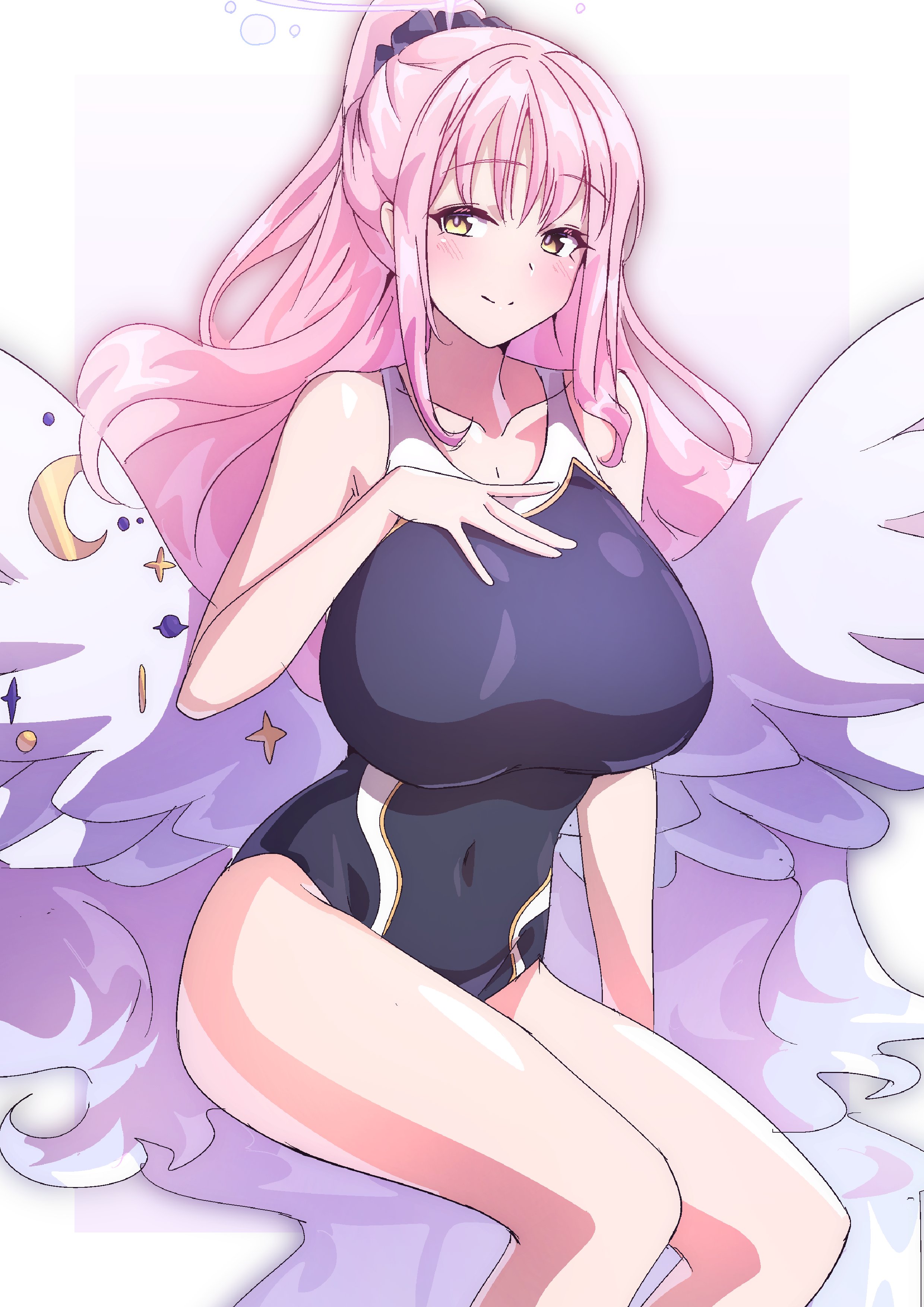 to (tototo tk), mika (blue archive), blue archive, absurdres, highres, 1girl, alternate costume, angel wings, black one-piece swimsuit, breasts, collarbone, covered navel, hair ornament, hair scrunchie, halo, hand on own chest, impossible clothes, impossible swimsuit, large breasts, long hair, looking at viewer, low wings, one-piece swimsuit, pink hair, ponytail, scrunchie, solo, swimsuit, trinity general school swimsuit, white wings, wing ornament, wings, yellow eyes