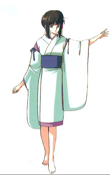 kakinouchi narumi, miyu (vampire princess miyu), vampire princess miyu, 1girl, barefoot, blunt bangs, brown hair, female focus, hair bun, hime cut, japanese clothes, long hair, ribbon, simple background, single hair bun, single side bun, solo, white background, yellow eyes