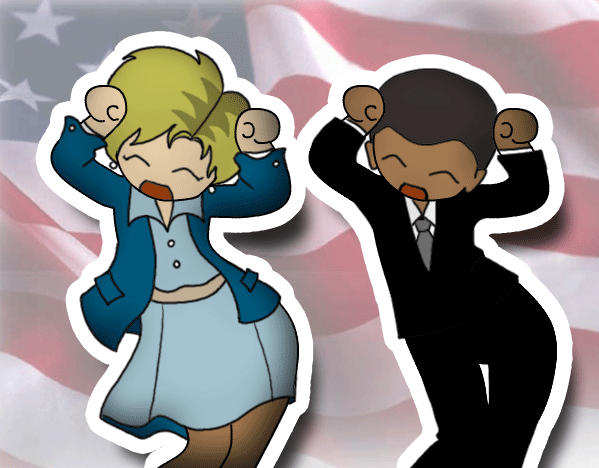 barack obama, hillary clinton, real life, ^o^, animated, animated gif, 1boy, 1girl, ^ ^, american flag, animification, caramelldansen, closed eyes, flag, pantyhose, parody, politician, politics, real life insert, united states