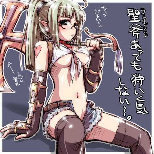 whitesmith (ragnarok online), ragnarok online, lowres, translated, axe, denim, denim shorts, elbow gloves, fingerless gloves, glasses, gloves, green hair, long hair, pointy ears, ponytail, shorts, sitting, solo, thighhighs, weapon