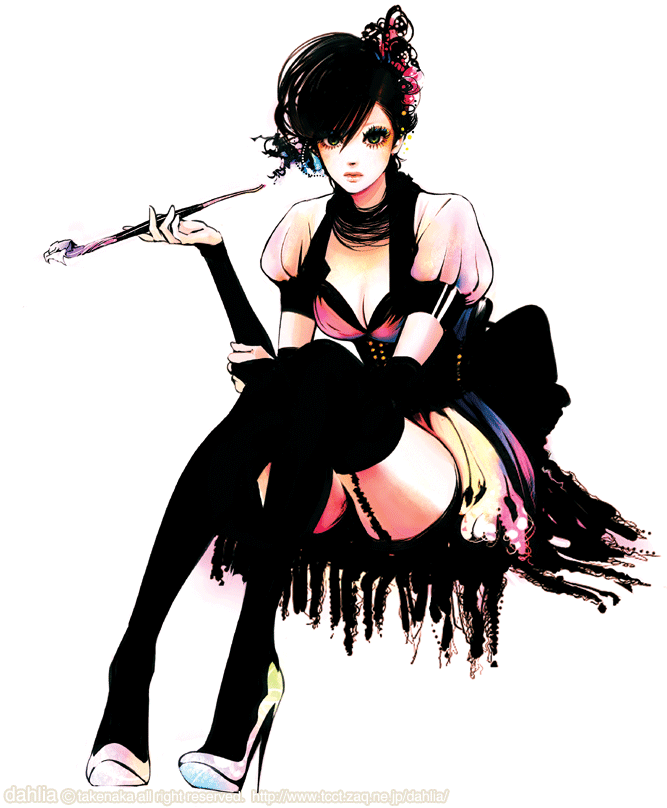 takenaka, original, bad id, bad pixiv id, 1girl, black hair, dress, female focus, garter belt, green eyes, hair ornament, high heels, holding, holding smoking pipe, kiseru, makeup, shoes, smoking pipe, solo, thighhighs
