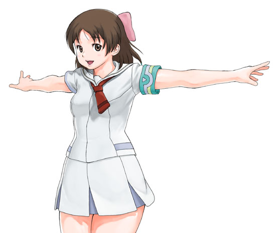 supi, aoi minamo, real drive, bad id, bad pixiv id, 1girl, bow, brown eyes, brown hair, female focus, hair ribbon, happy, necktie, outstretched arms, pink bow, ribbon, school uniform, serafuku, solo, spread arms