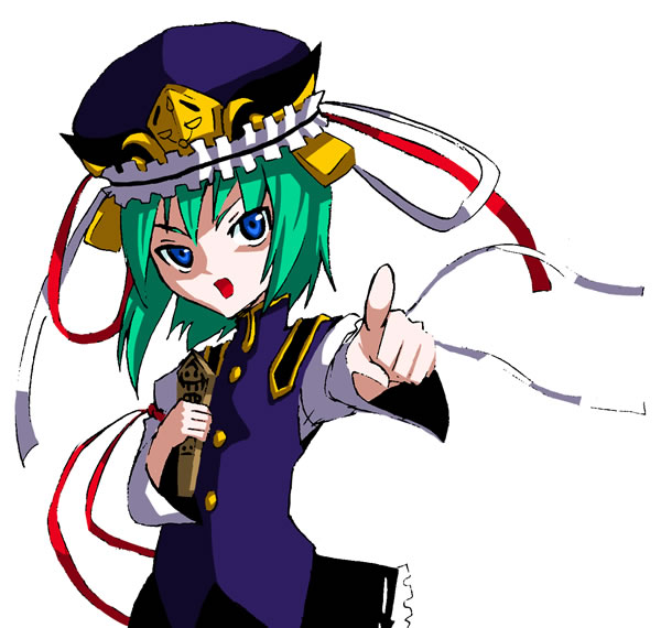 ke-su, shiki eiki, touhou, bad id, bad pixiv id, 1girl, blue eyes, female focus, green hair, rod of remorse, short hair, simple background, solo, standing, white background