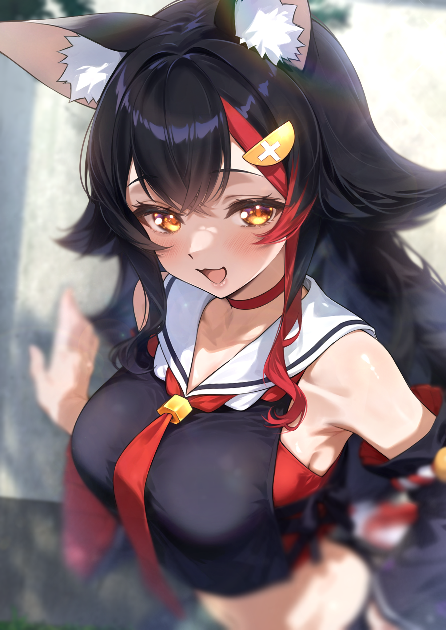 nyarurato0debu, ookami mio, ookami mio (1st costume), hololive, highres, 1girl, animal ear fluff, animal ears, black hair, blurry, breasts, choker, depth of field, detached sleeves, hair ornament, large breasts, long hair, looking at viewer, multicolored hair, open mouth, outdoors, red hair, sailor collar, smile, streaked hair, upper body, virtual youtuber, wolf ears, wolf girl, yellow eyes