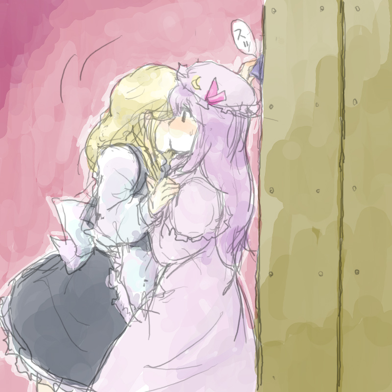 rotan, kirisame marisa, patchouli knowledge, touhou, 2girls, against wall, blonde hair, blush, bookshelf, crescent hat ornament, female focus, hat, hat ornament, kiss, long hair, multiple girls, purple hair, sketch, sweatdrop, theft, yuri