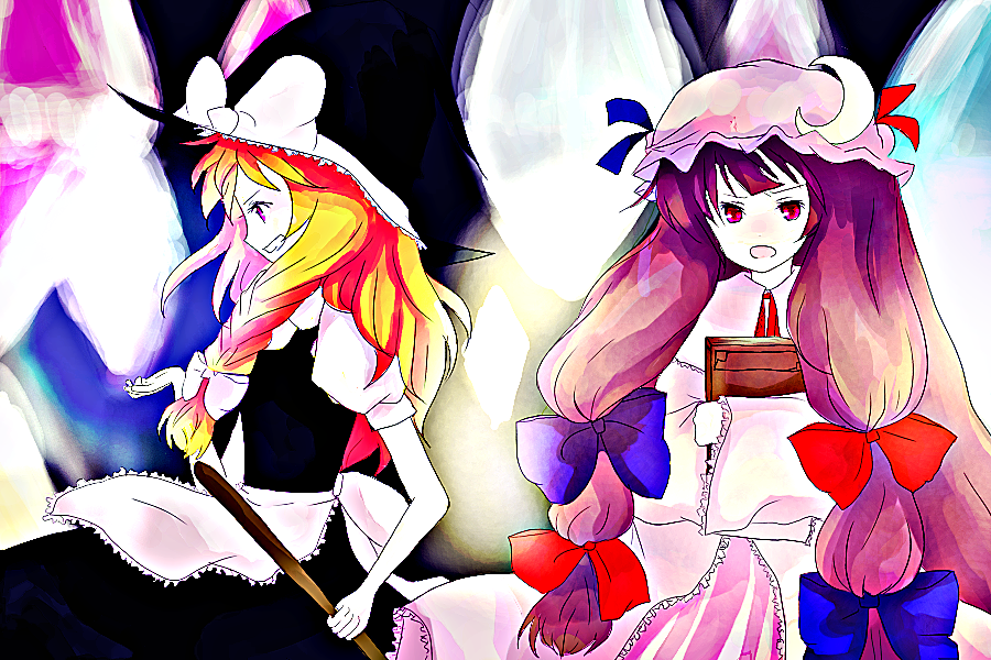 yogiri, kirisame marisa, patchouli knowledge, touhou, bad id, bad pixiv id, 2girls, dress, female focus, hat, multiple girls, purple hair, witch, witch hat