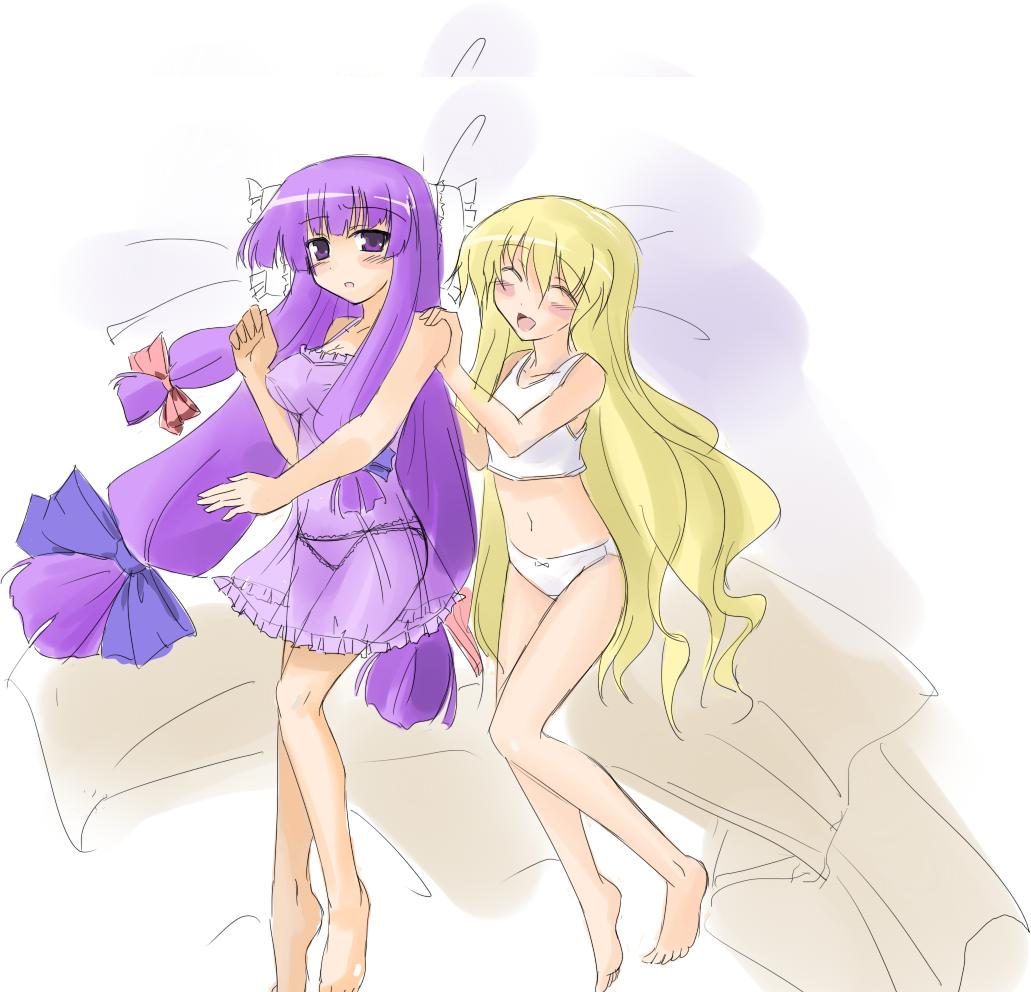 gippo, kirisame marisa, patchouli knowledge, touhou, bad id, bad pixiv id, 2girls, blonde hair, bow, female focus, lingerie, long hair, multiple girls, pink bow, purple hair, underwear