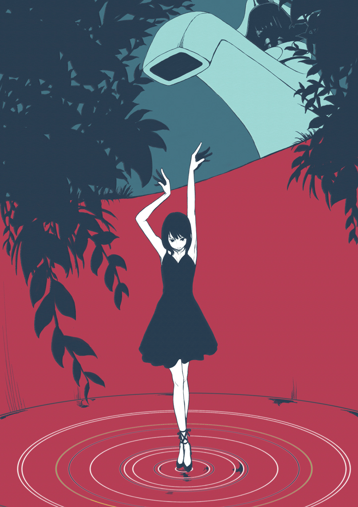 tanaka hirotaka, original, 1girl, arms up, black dress, collarbone, colored skin, crossed ankles, dancing, dress, faucet, female focus, flat color, light smile, limited palette, looking at viewer, mini person, minigirl, no nose, plant, ripples, shoes, short dress, short hair, skinny, sleeveless, sleeveless dress, solo, standing, standing on liquid, surreal, water, white skin