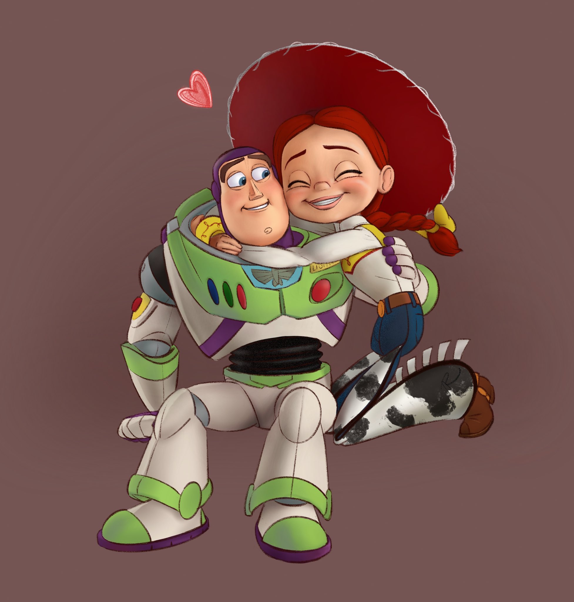 buzz lightyear, jessie the yodeling cowgirl, toy story, highres, procreate (medium), 1boy, 1girl, aliz reka, animal print, blue eyes, brown background, closed eyes, cow print, hat, heart, hug, long hair, red hair, simple background
