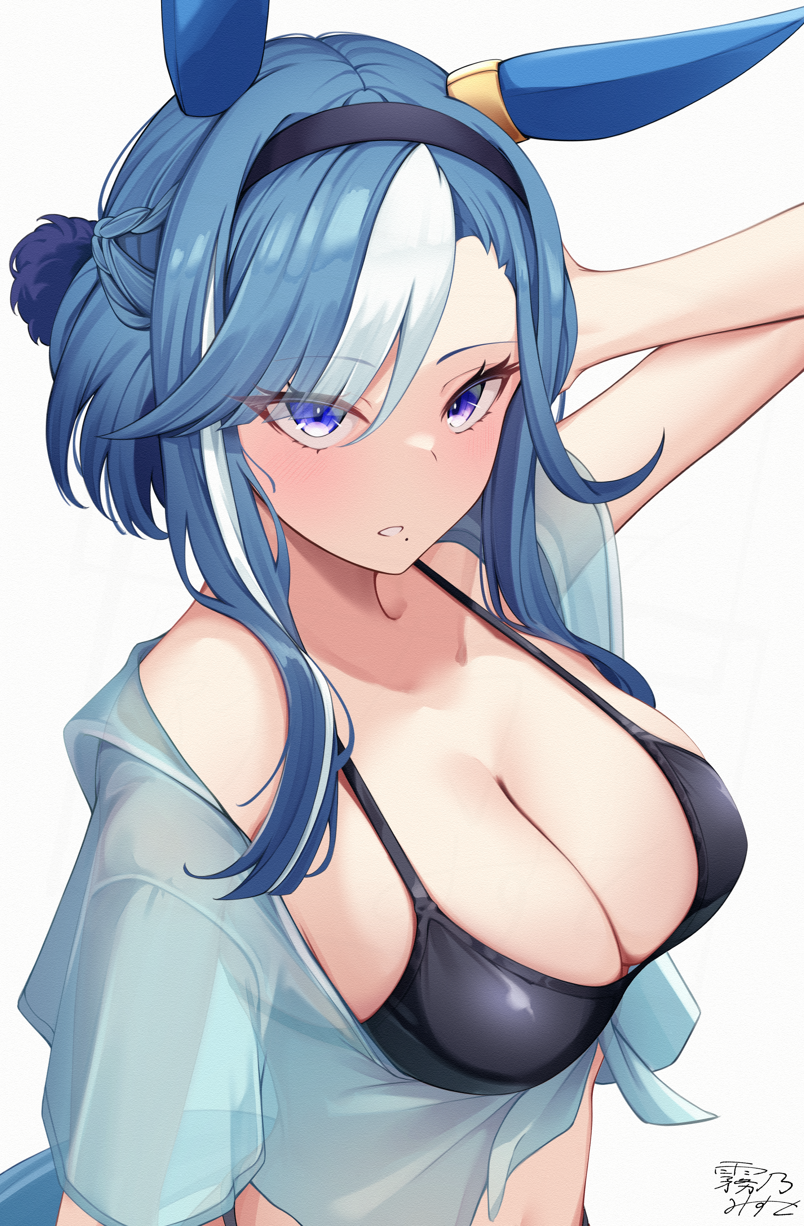 kirino mist, admire groove (umamusume), umamusume, absurdres, highres, 1girl, alternate costume, animal ears, bikini, black bikini, blue hair, blue shirt, breasts, cleavage, ear covers, horse ears, horse girl, horse tail, large breasts, looking at viewer, mole, mole under mouth, multicolored hair, purple eyes, shirt, signature, solo, streaked hair, swimsuit, tail, tied shirt, white hair