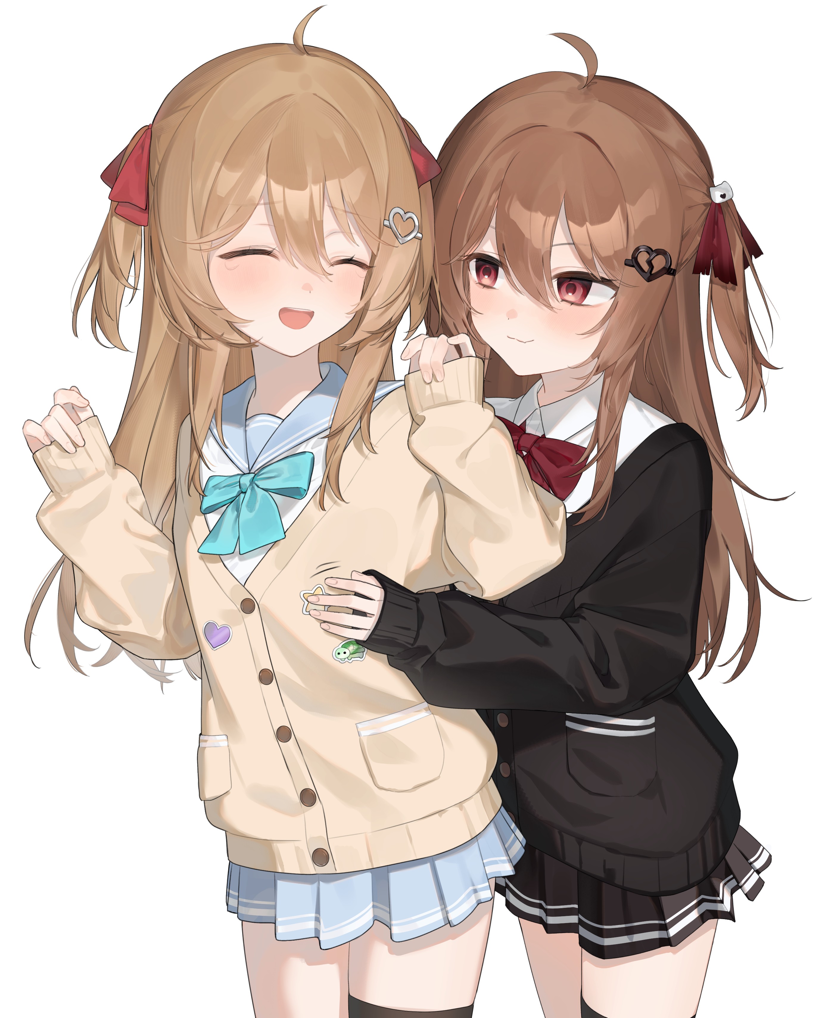 hidzuchi 18, evil neuro-sama, neuro-sama, absurdres, highres, 2girls, ahoge, aqua bow, aqua bowtie, black cardigan, black skirt, black thighhighs, blue sailor collar, blue skirt, bow, bowtie, broken heart, broken heart hair ornament, brown hair, cardigan, closed mouth, cowboy shot, dress shirt, from side, hair between eyes, hair ornament, hair ribbon, heart, heart hair ornament, long hair, long sleeves, multiple girls, open mouth, red bow, red bowtie, red eyes, red ribbon, ribbon, sailor collar, shirt, siblings, single thighhigh, sisters, skirt, skull hair ornament, sleeves past wrists, teardrop, thighhighs, twins, two side up, vedal ai, virtual youtuber, white shirt, yellow cardigan