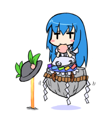 nekoyama, hinanawi tenshi, touhou, lowres, 1girl, chibi, eating, female focus, food, fruit, hat, holding, holding food, holding fruit, kaname-ishi, leaf, peach, rope, shimenawa, sitting, solo, sword, sword of hisou, unworn hat, unworn headwear, weapon