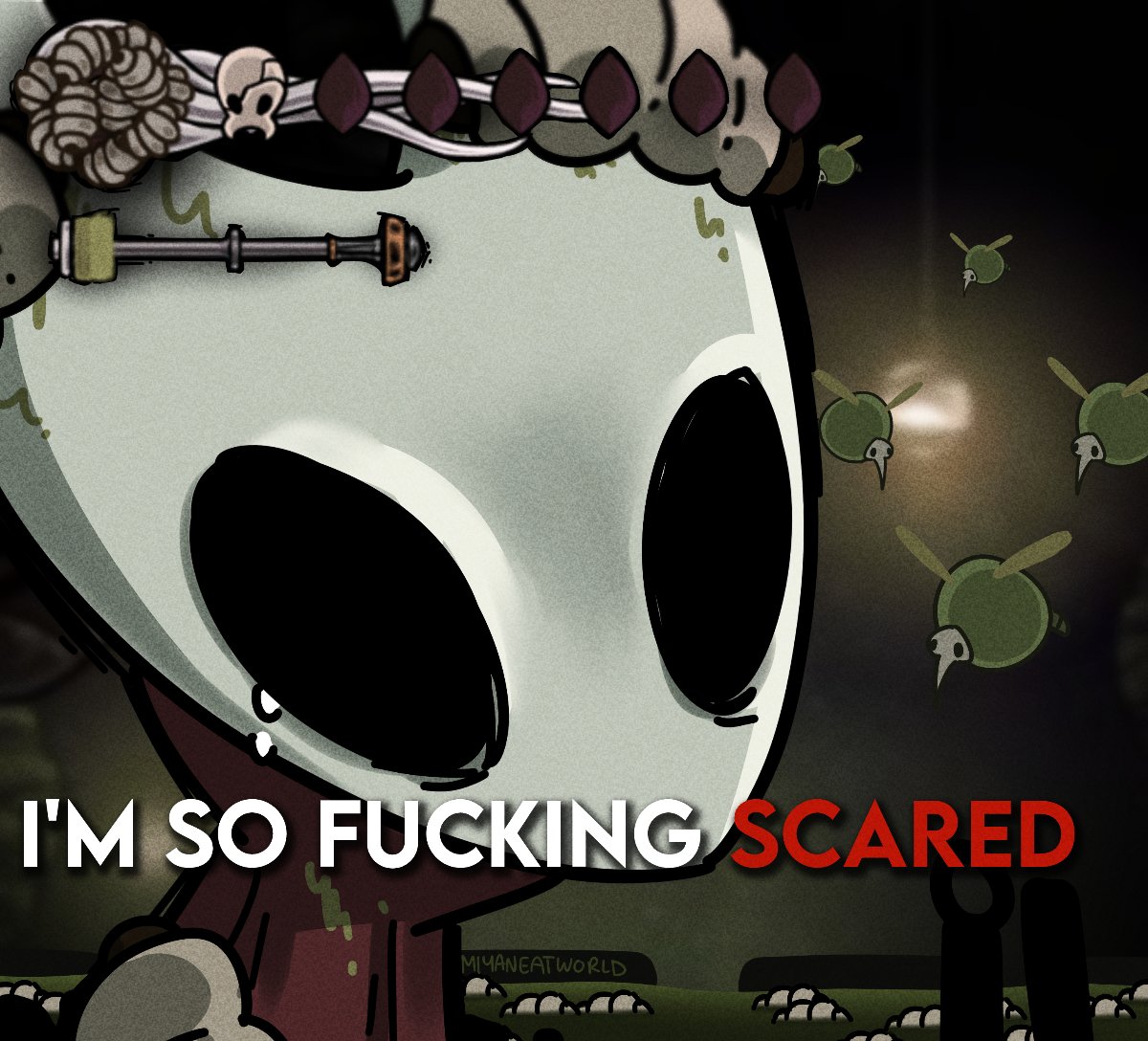 miyan (oceanmaiden), hornet (hollow knight), hollow knight, hollow knight: silksong, 1girl, arthropod girl, black eyes, bug, caption, cloak, english text, fly, gameplay mechanics, hollow eyes, horned mask, insect, mask, red cloak, white mask