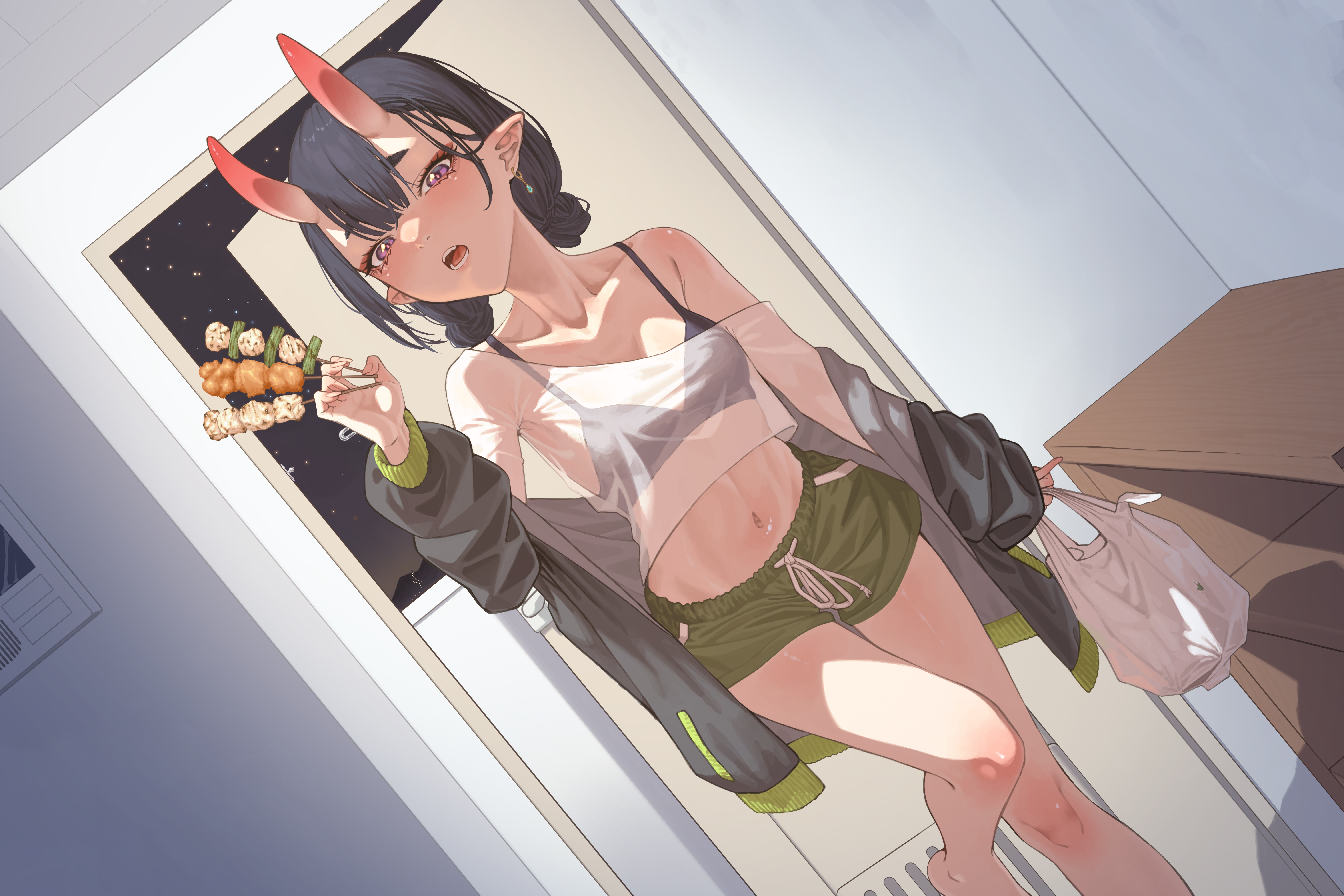 skimun, shuten douji (fate), fate/grand order, fate (series), absurdres, commentary request, highres, 1girl, alternate costume, bag, black bra, bra, breasts, brochette, earrings, food, green shorts, grey jacket, holding, holding bag, holding food, horns, indoors, jacket, jewelry, navel, open door, pointy ears, purple eyes, purple hair, see-through clothes, see-through shirt, shirt, short hair, shorts, skin-covered horns, small breasts, solo, stomach, underwear