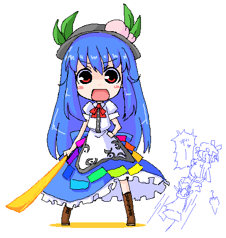 nekoyama, hinanawi tenshi, yakumo yukari, touhou, lowres, 2girls, blue hair, chibi, female focus, full body, hat, long hair, multiple girls, partially colored, plant, red eyes, skirt, sword, sword of hisou, weapon