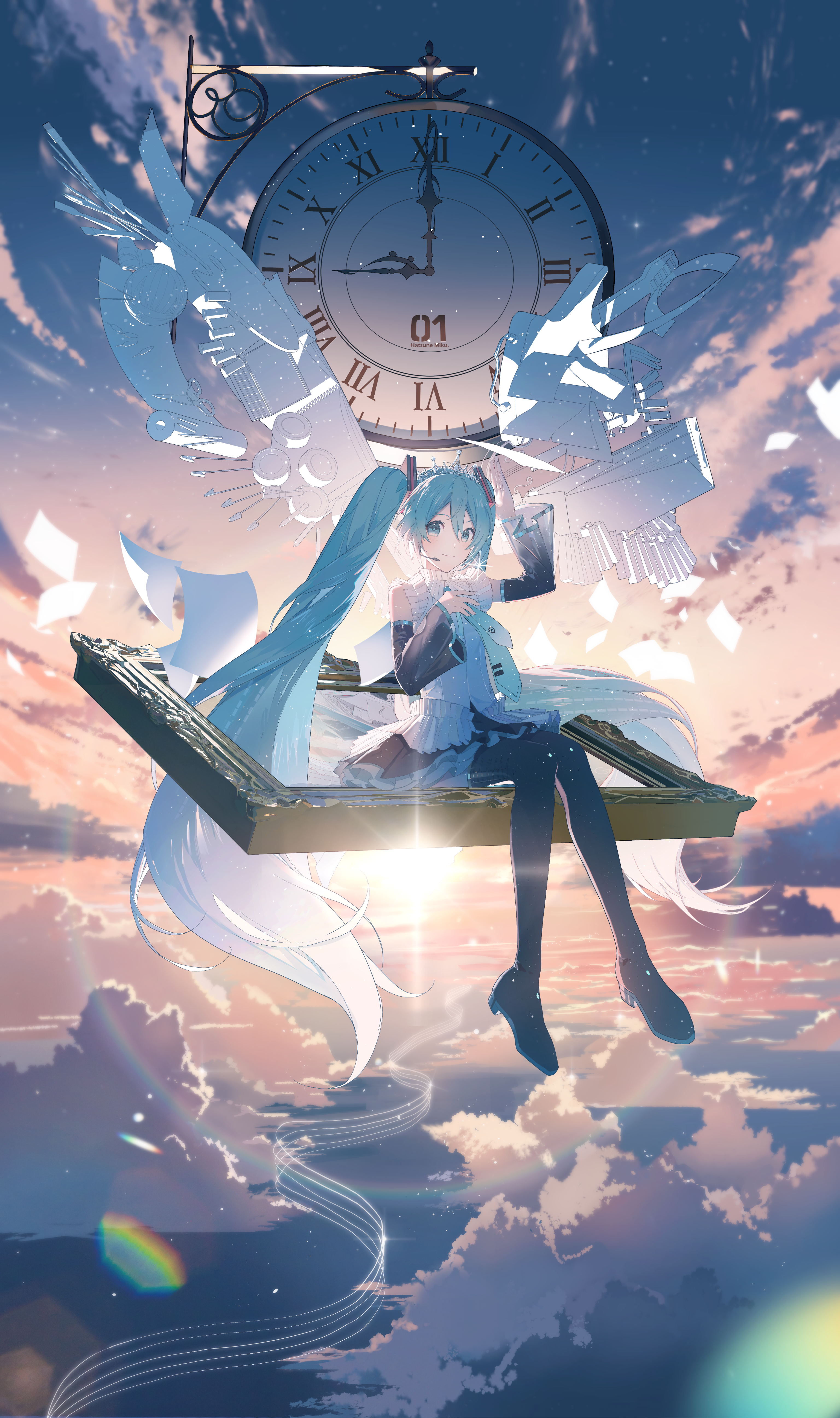 yurun (yurun ume), hatsune miku, vocaloid, absurdres, commentary request, highres, 1girl, asymmetrical wings, black boots, black sleeves, blue eyes, blue hair, blush, boots, character name, clock, closed mouth, cloud, detached sleeves, flying paper, full body, hatsune miku happy 16th birthday -dear creators-, headphones, lens flare, long hair, long sleeves, looking at viewer, microphone, necktie, paper, picture frame, pleated skirt, shirt, sitting, skirt, sky, sleeveless, sleeveless shirt, solo, sun, thigh boots, tie clip, wide sleeves, wings
